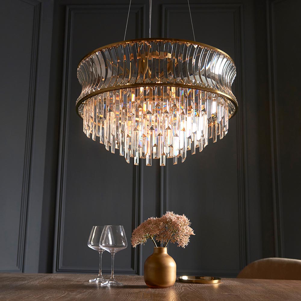 Utopia Bow 9 Light Pendant - Warm Brass Plate with Crystal & Clear Glass