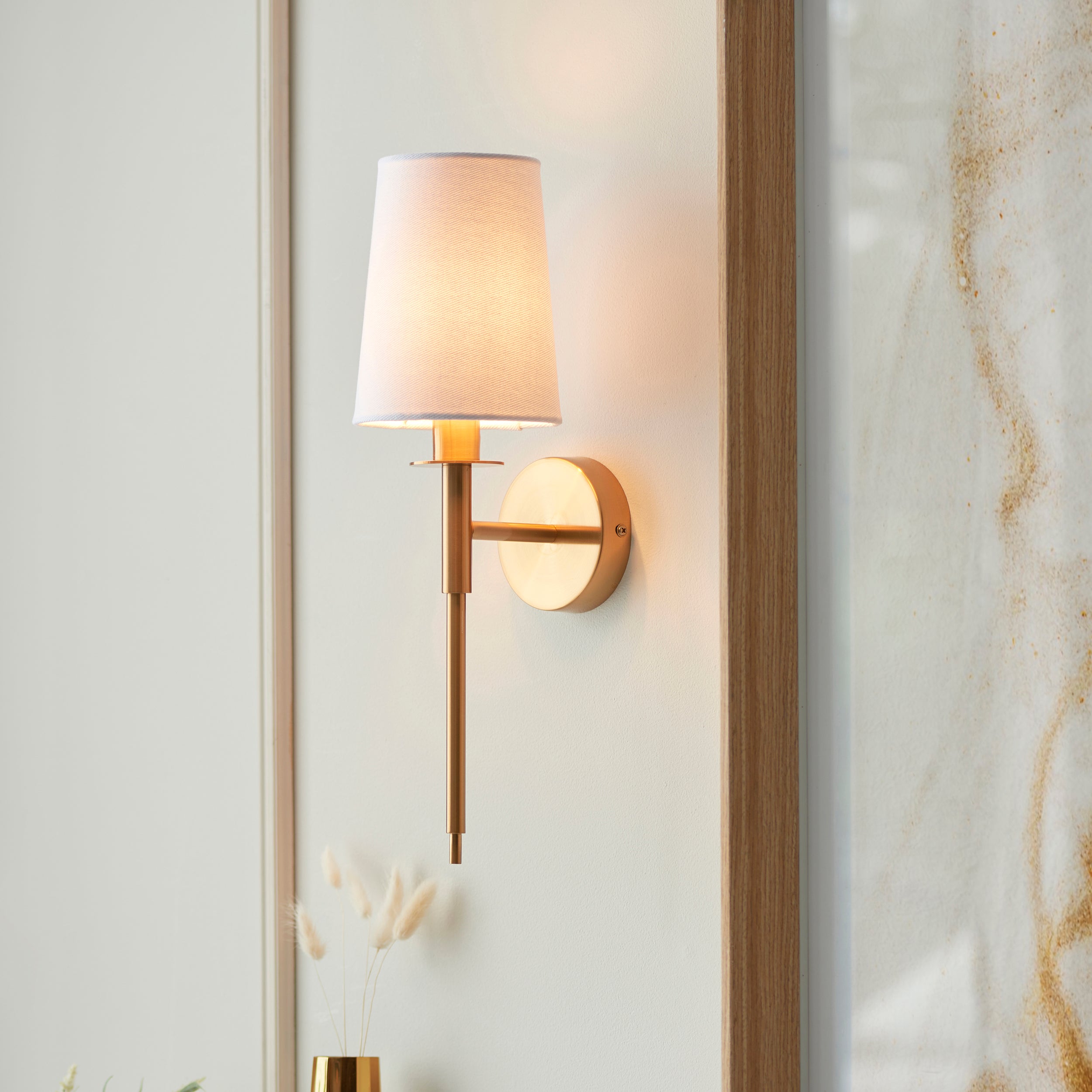 Utopia Elegant Single Wall Light - Vintage Brass & White Fabric Shade