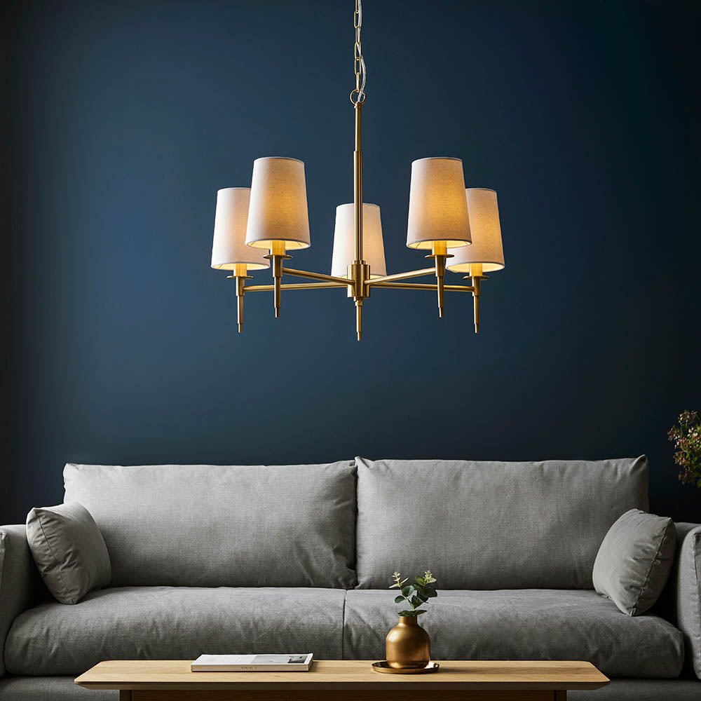 Utopia Eton 5 Light Multi Arm Pendant - Satin Brass & Tapered Shades