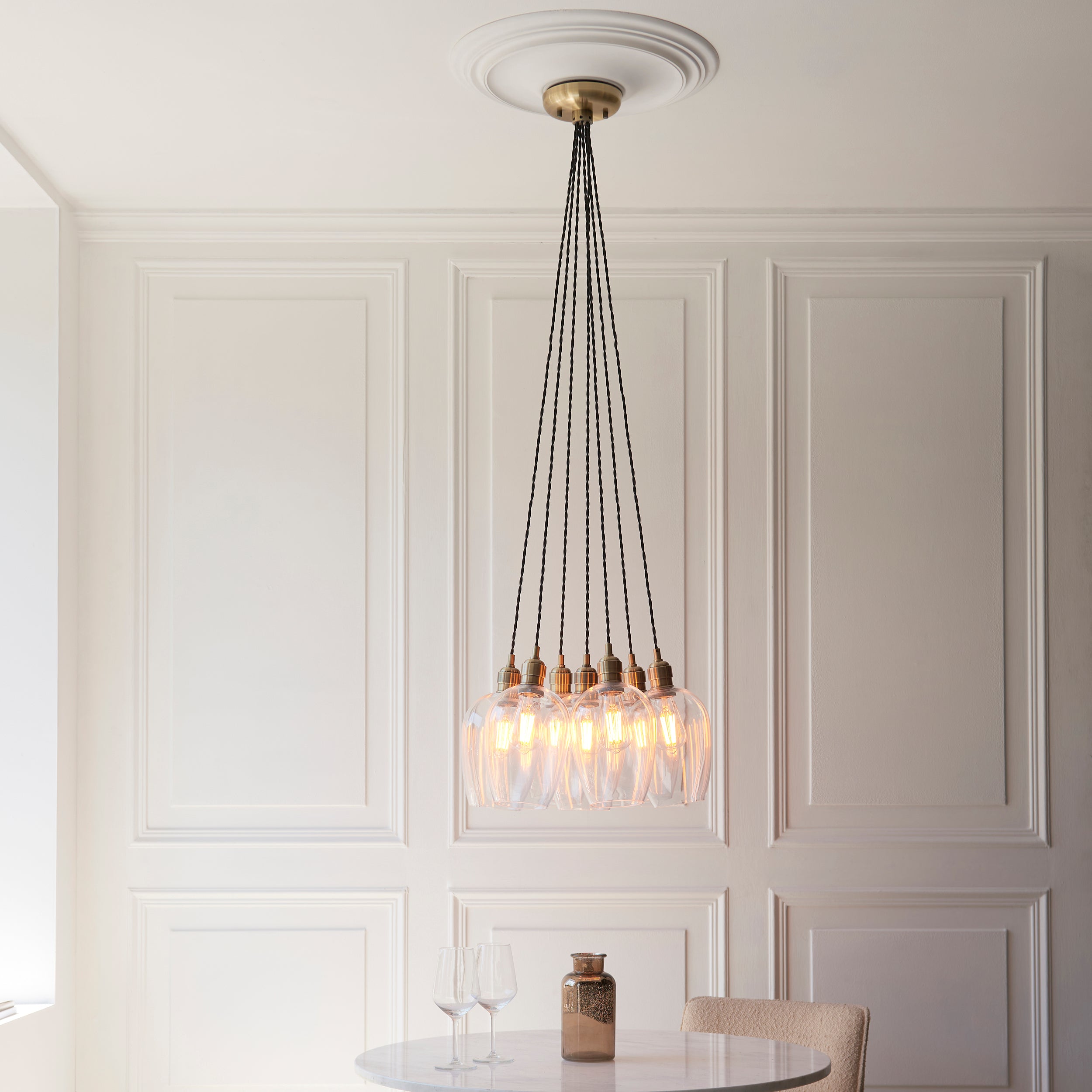 Utopia Finesse 7 Light Cluster Ceiling Pendant - Antique Brass & Clear Glass