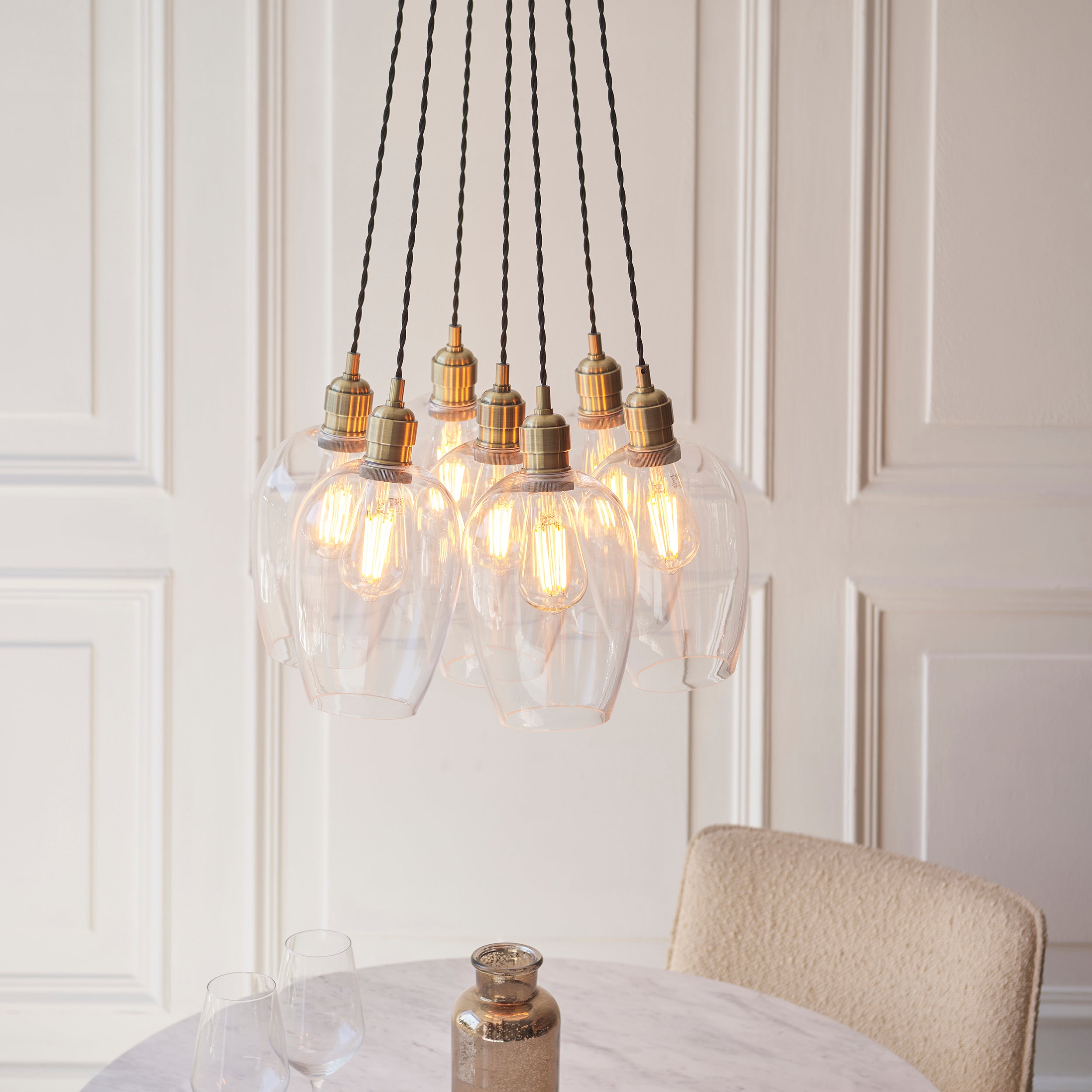 Utopia Finesse 7 Light Cluster Ceiling Pendant - Antique Brass & Clear Glass