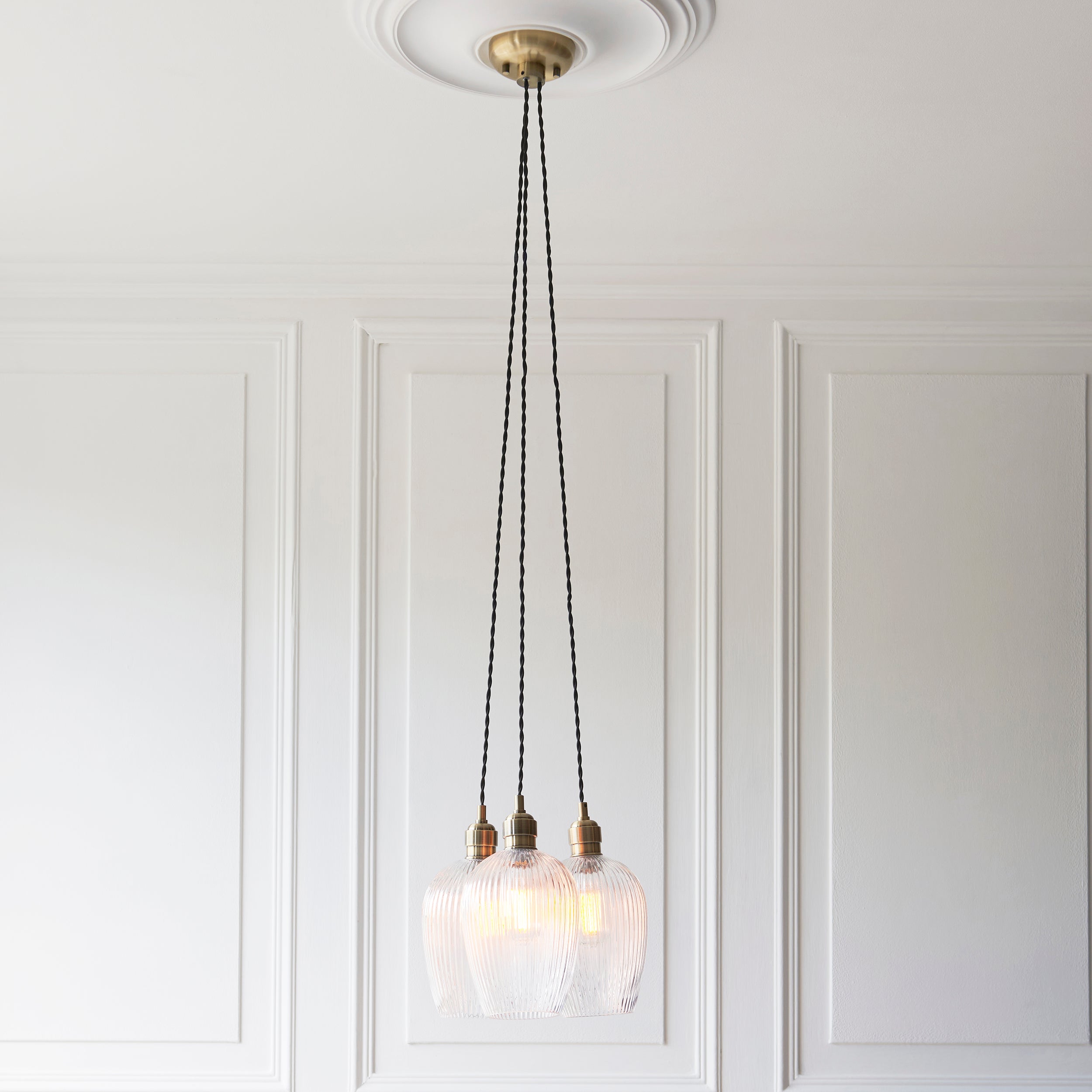 Utopia Finesse 3 Light Cluster Ceiling Pendant - Antique Brass & Clear Ribbed Glass