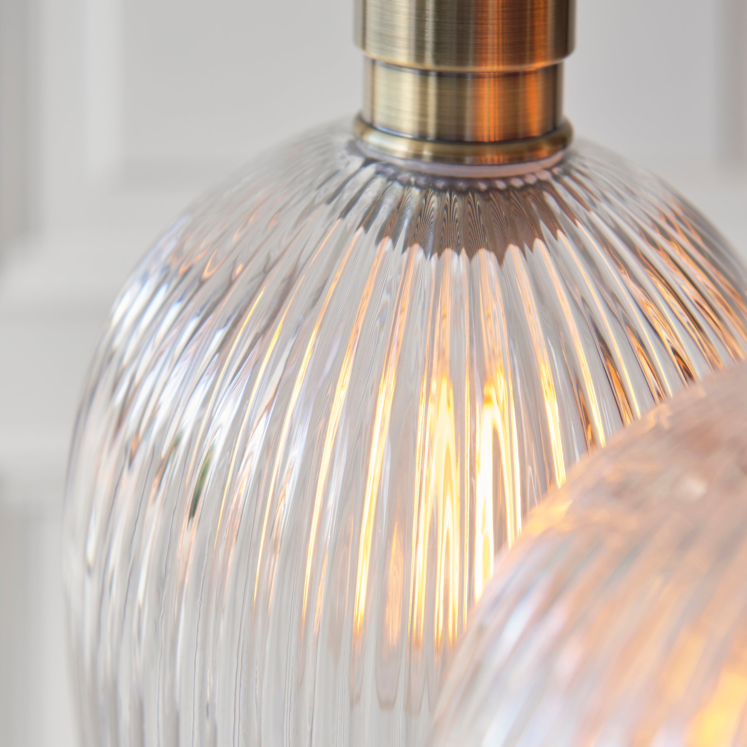 Utopia Finesse 3 Light Cluster Ceiling Pendant - Antique Brass & Clear Ribbed Glass