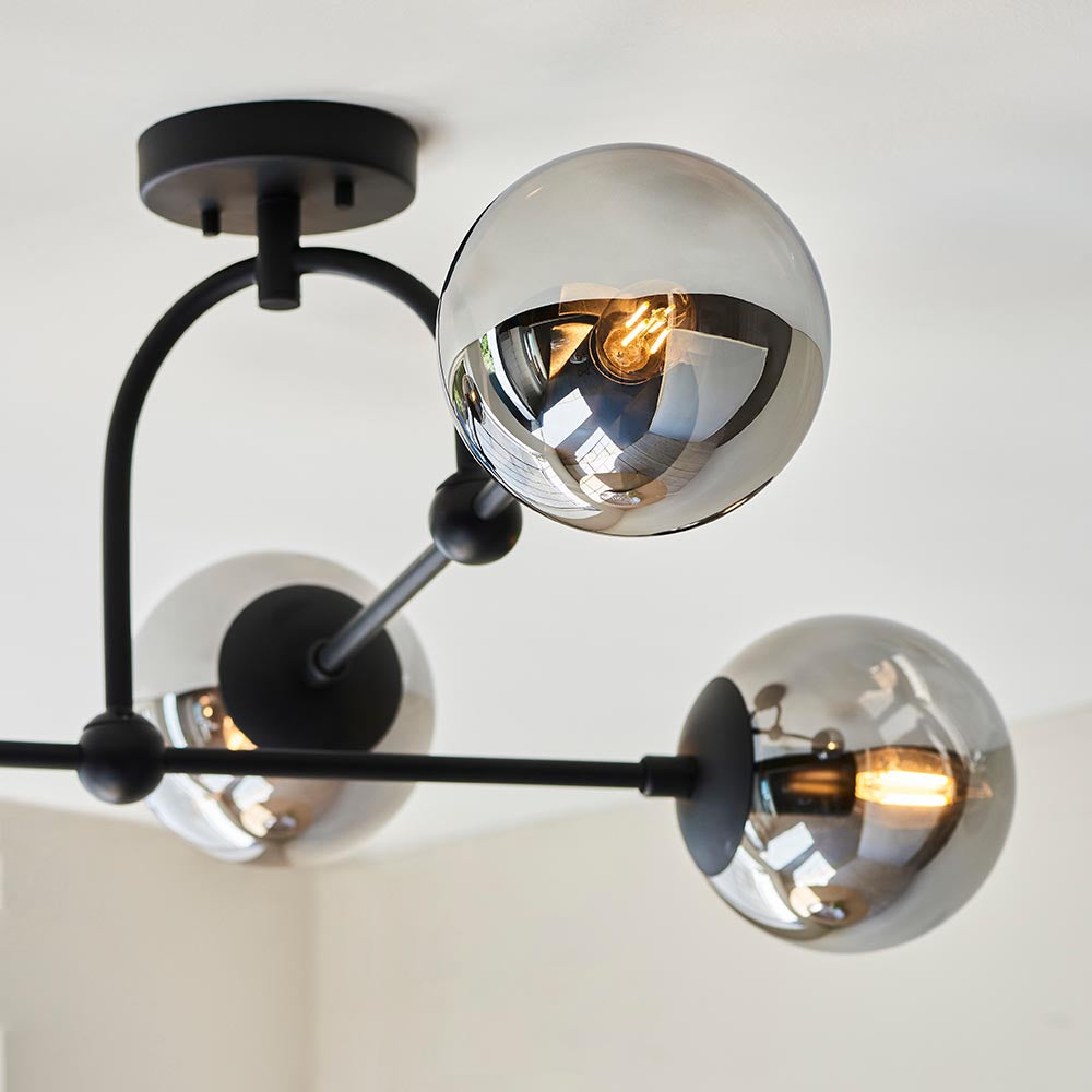 Utopia Sphere 4 Light Semi-Flush Fitting - Matt Black & Smoked Mirror Glass