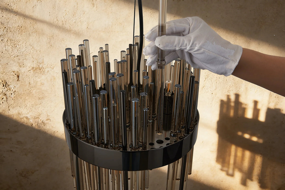 Fabula Kempton Glass Rod Round Pendant Light – Black Chrome & Cognac