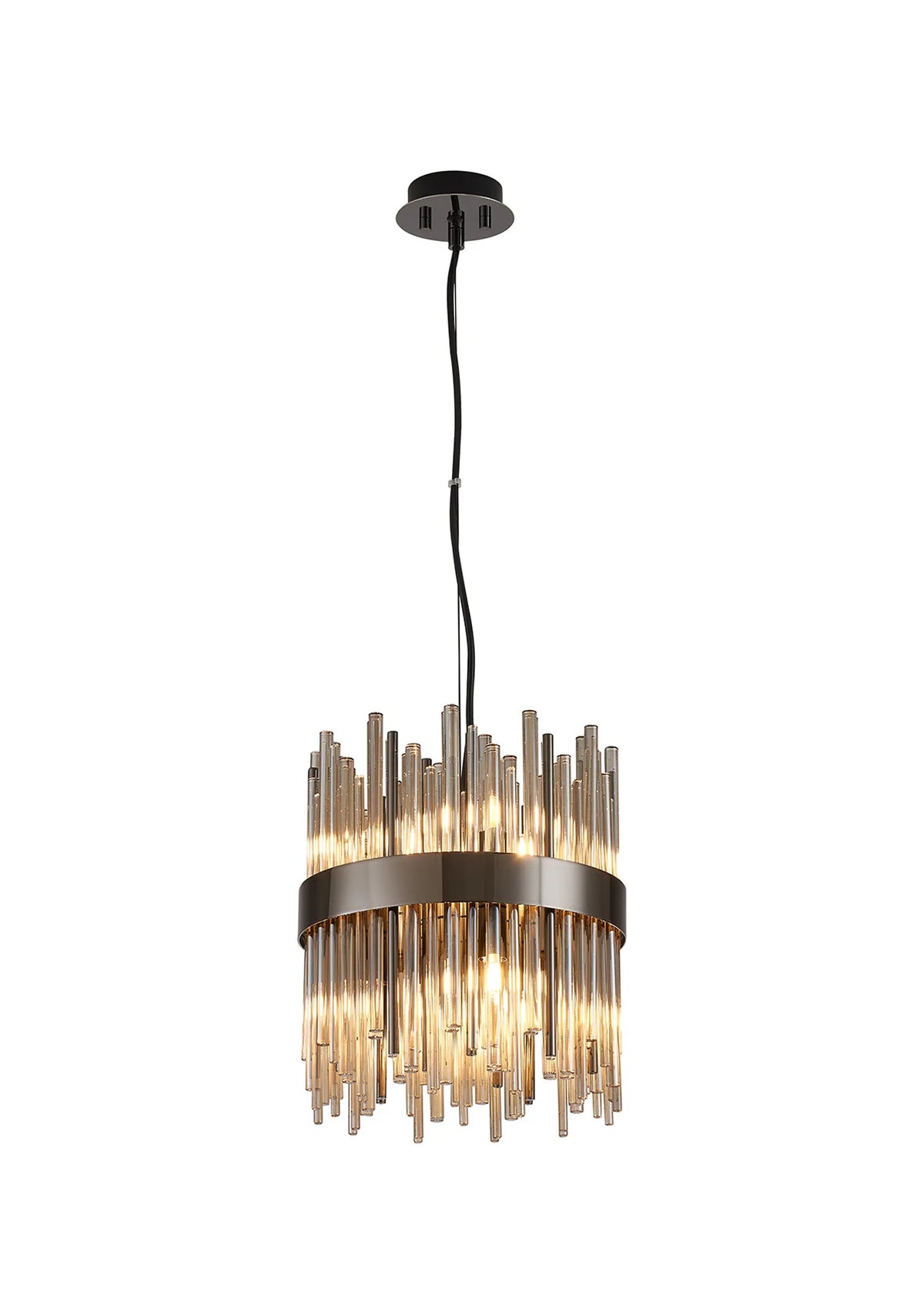 Fabula Kempton Glass Rod Round Pendant Light – Black Chrome & Cognac 26 cm