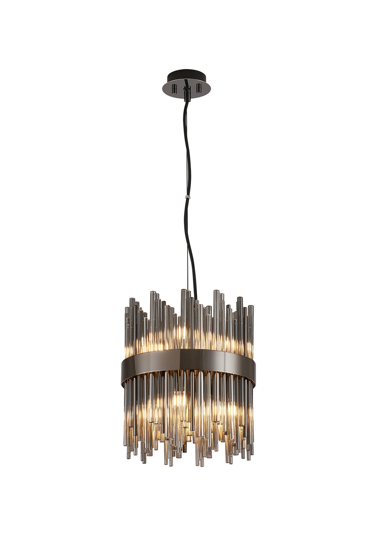 Fabula Kempton Glass Rod Round Pendant Light – Black Chrome & Smoke 26 cm