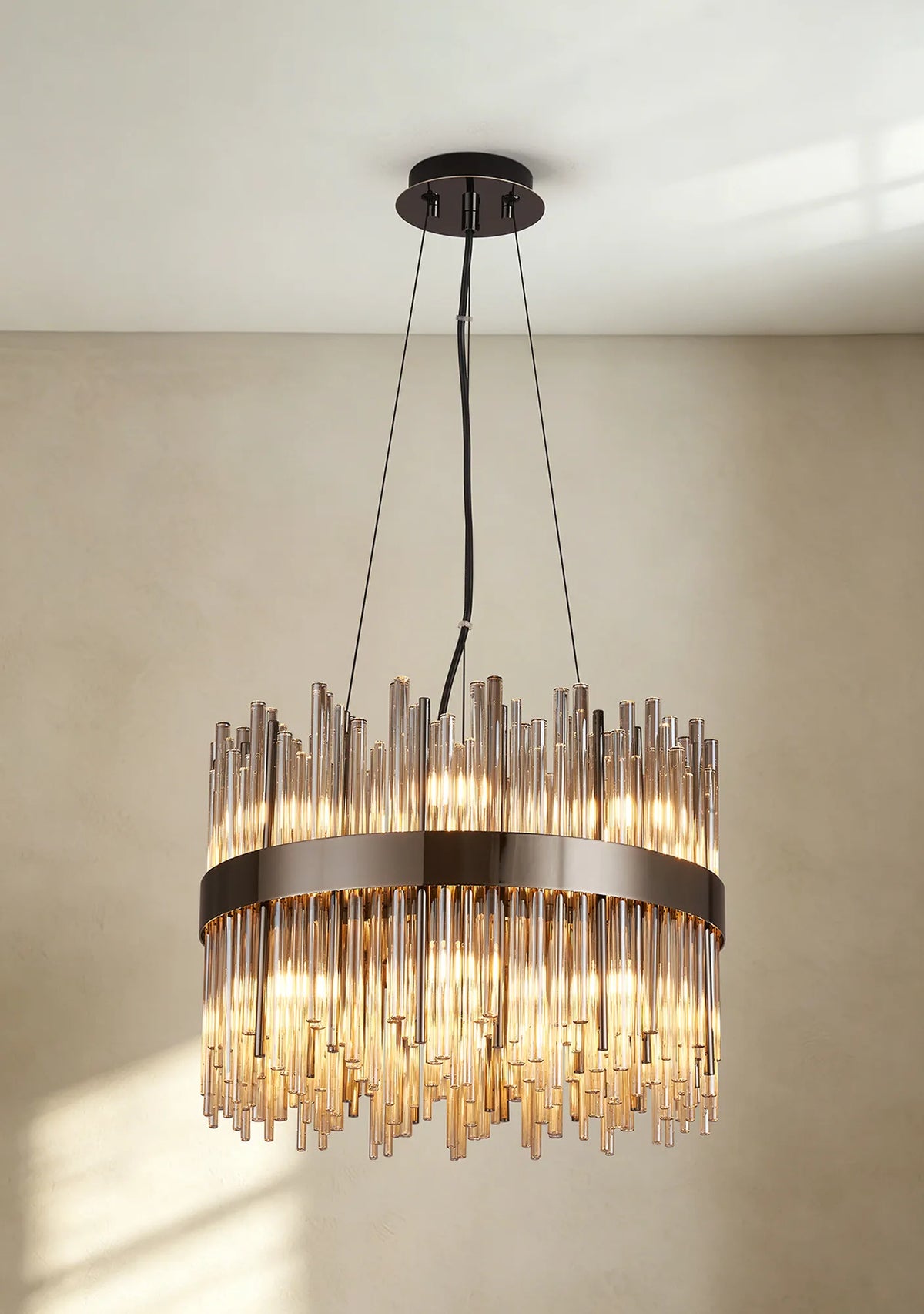 Fabula Kempton Glass Rod Round Pendant Light – Black Chrome & Cognac