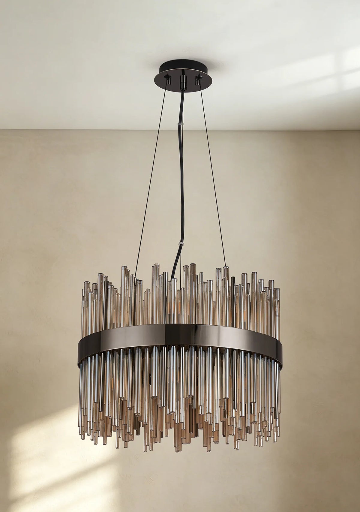 Fabula Kempton Glass Rod Round Pendant Light – Black Chrome & Cognac
