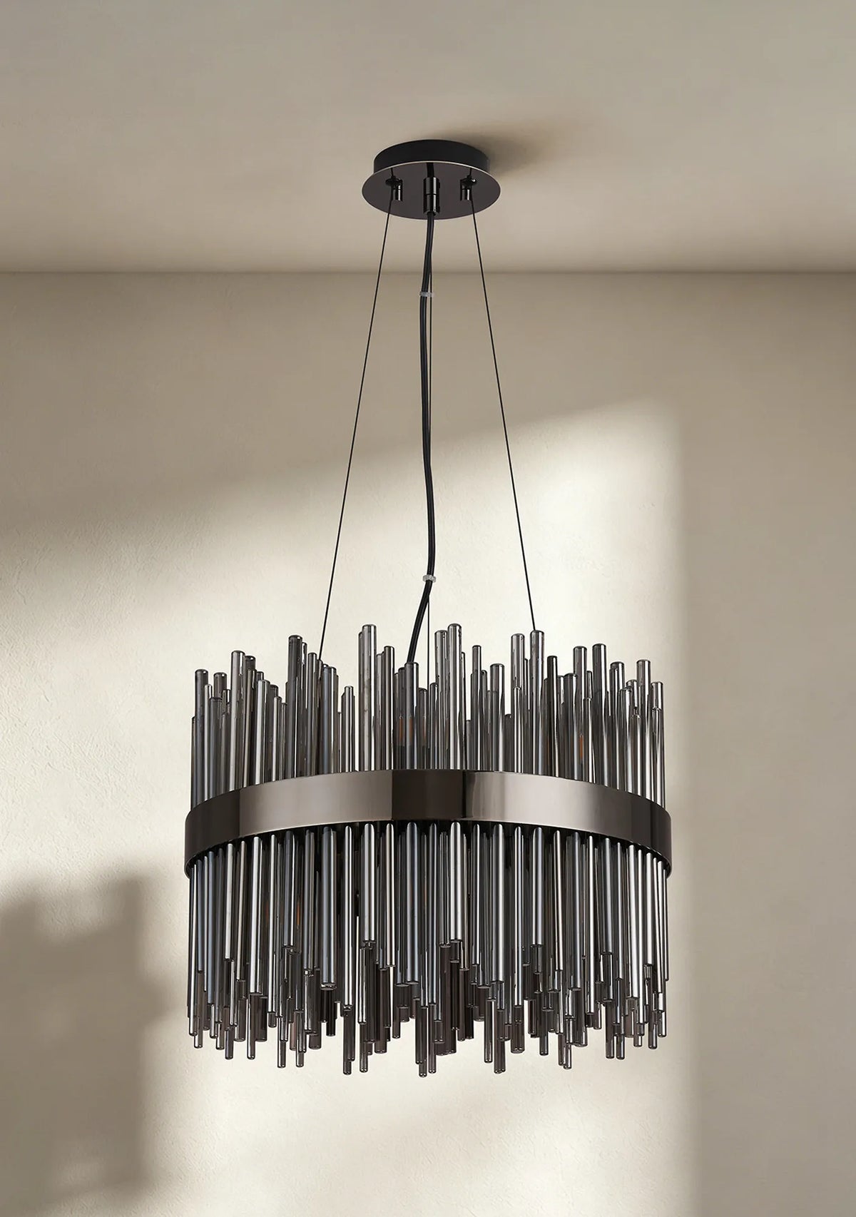 Fabula Kempton Glass Rod Round Pendant Light – Black Chrome & Smoke