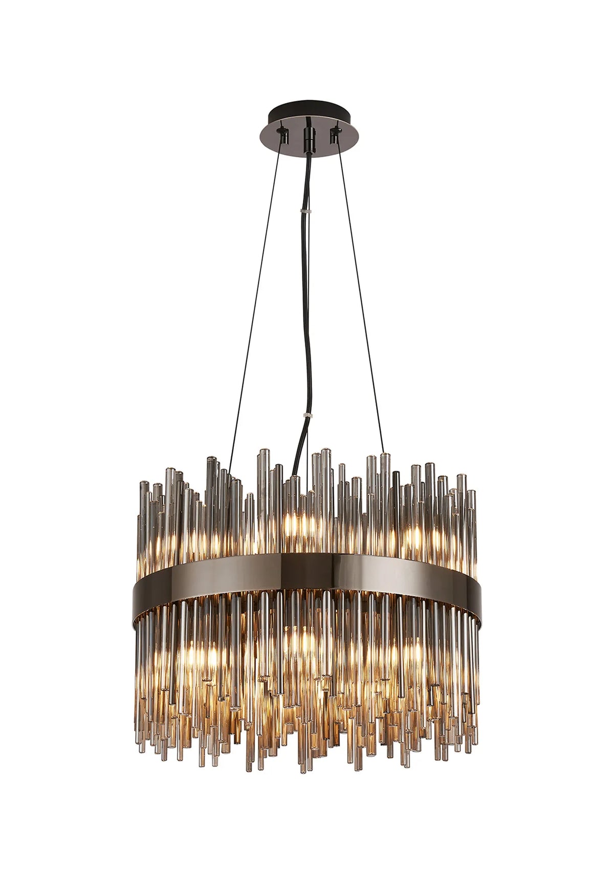Fabula Kempton Glass Rod Round Pendant Light – Black Chrome & Smoke 40 cm
