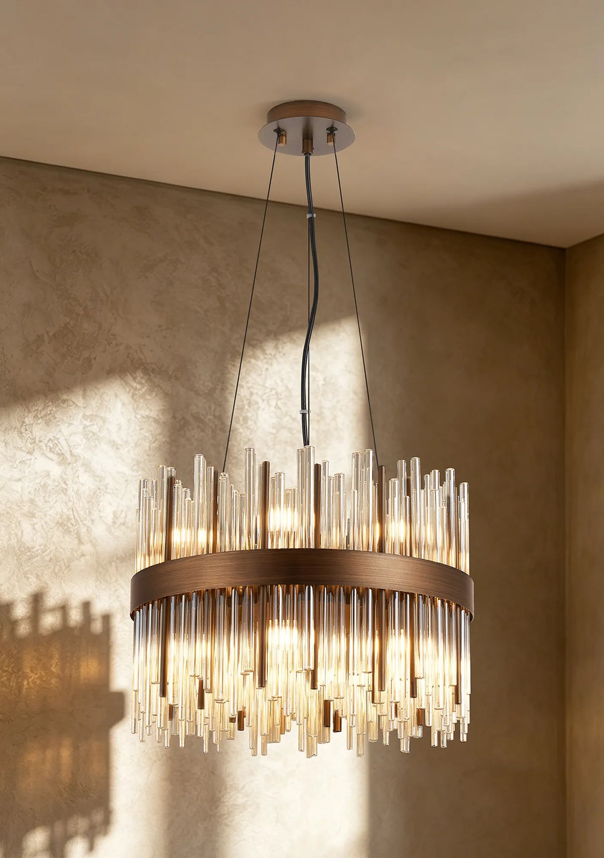Fabula Kempton Glass Rod Round Pendant Light – Painted Matt Bronze & Cognac
