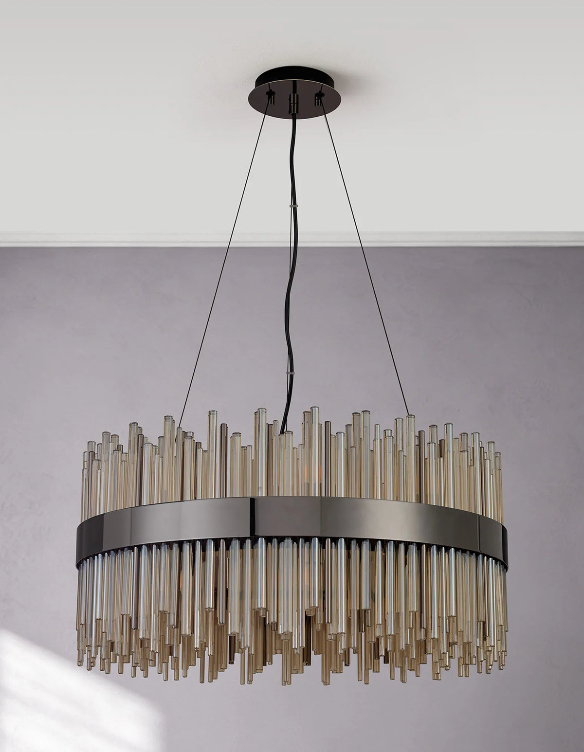 Fabula Kempton Glass Rod Round Pendant Light – Black Chrome & Cognac