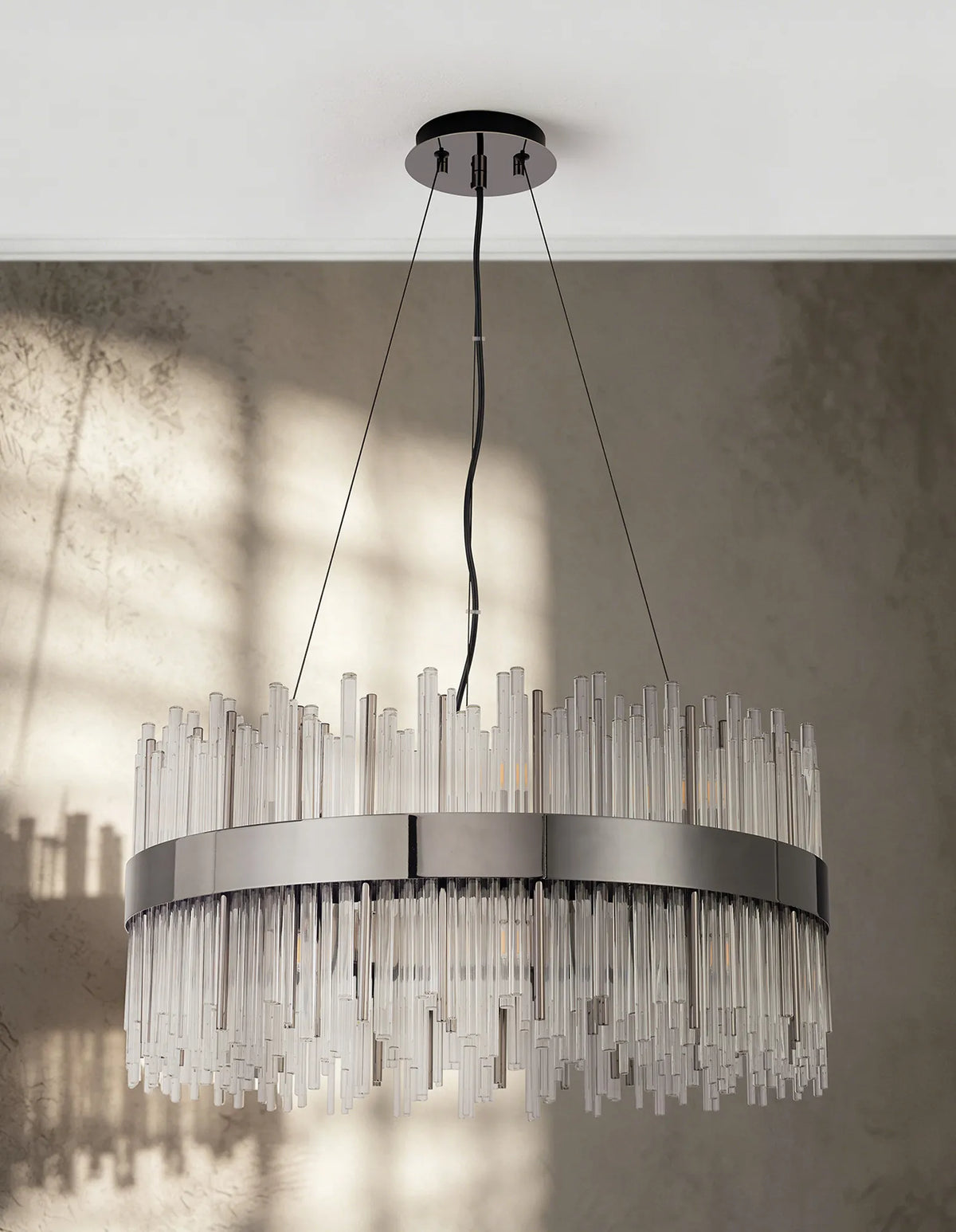 Fabula Kempton Glass Rod Round Pendant Light – Black Chrome & Clear