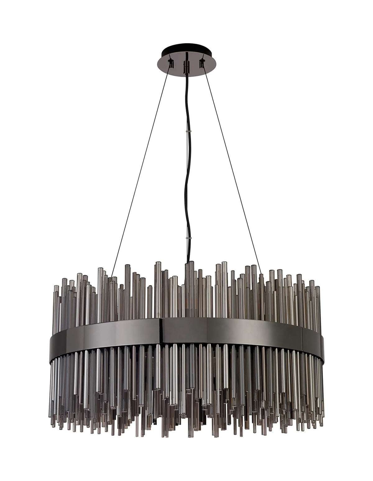 Fabula Kempton Glass Rod Round Pendant Light – Black Chrome & Smoke