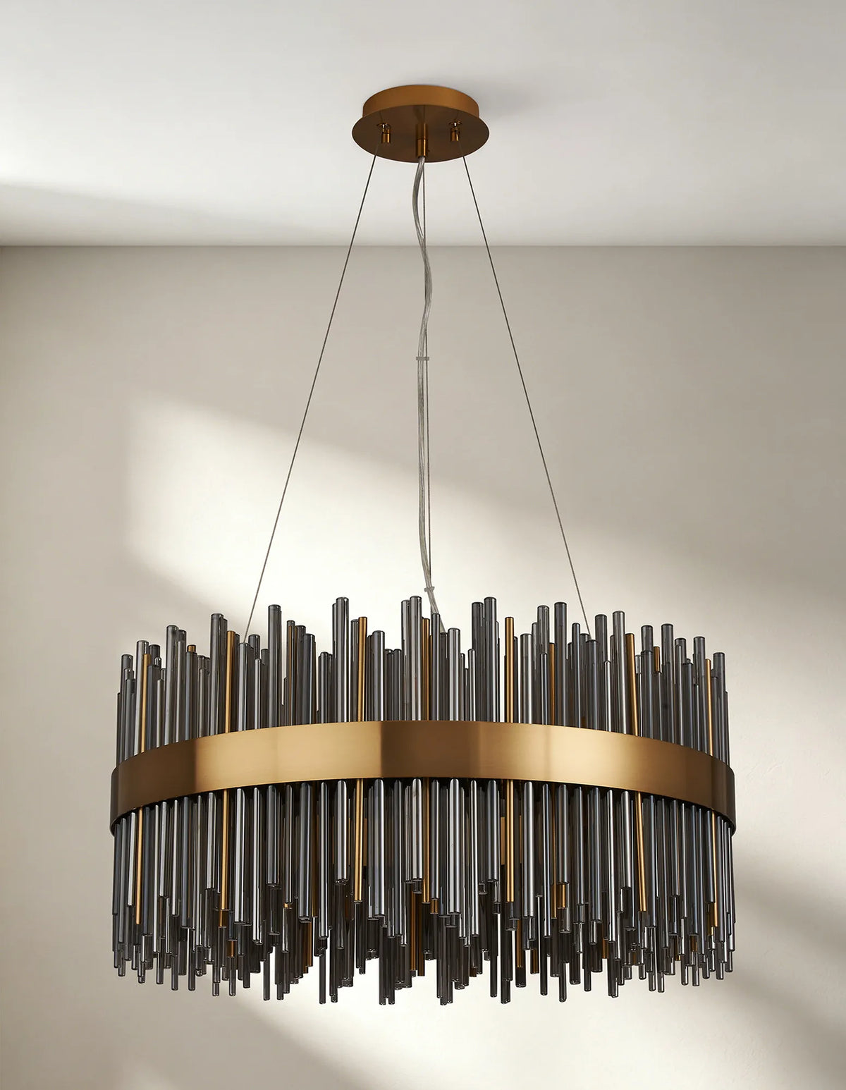 Fabula Kempton Glass Rod Round Pendant Light – Brass & Smoke