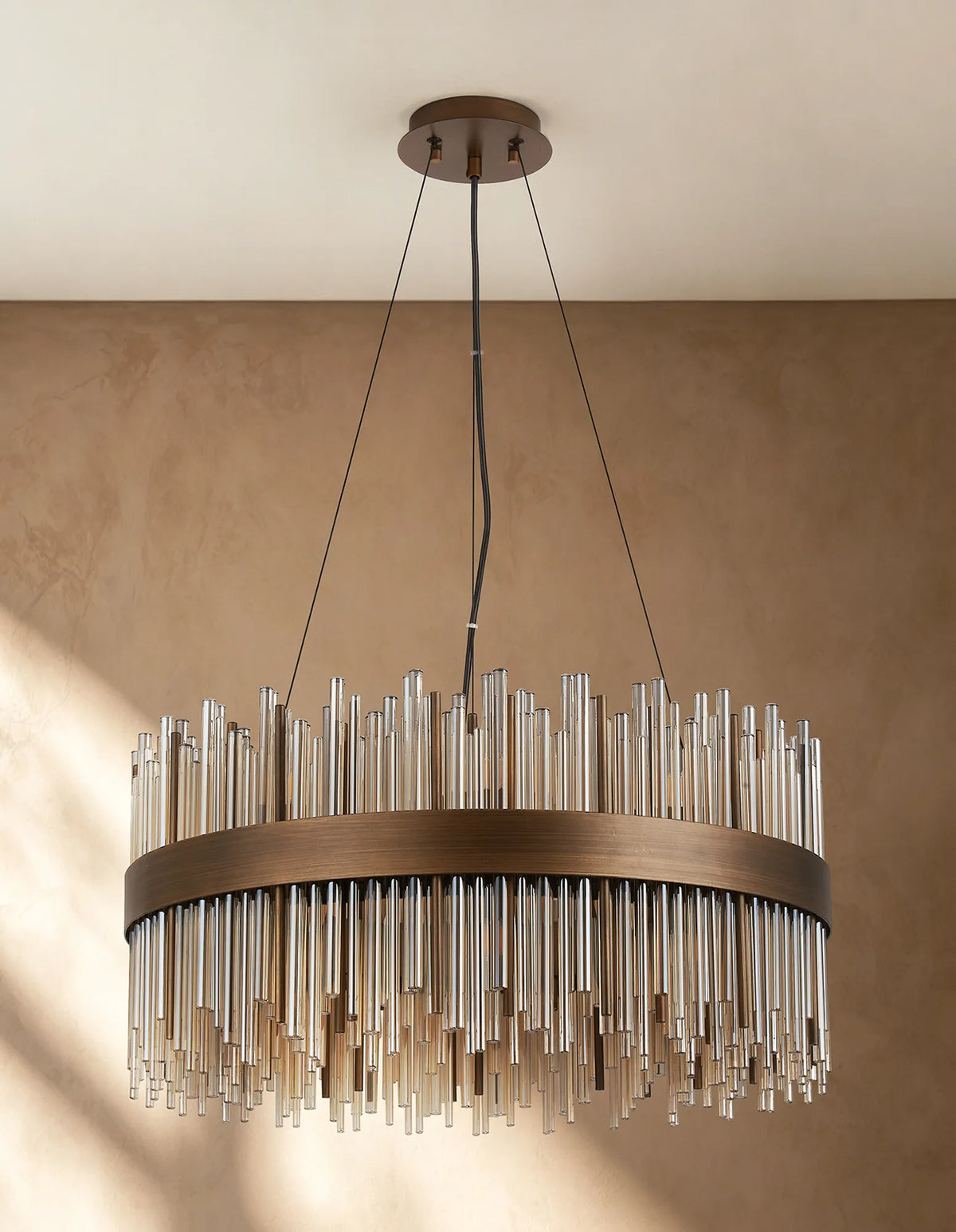 Fabula Kempton Glass Rod Round Pendant Light – Painted Matt Bronze & Cognac
