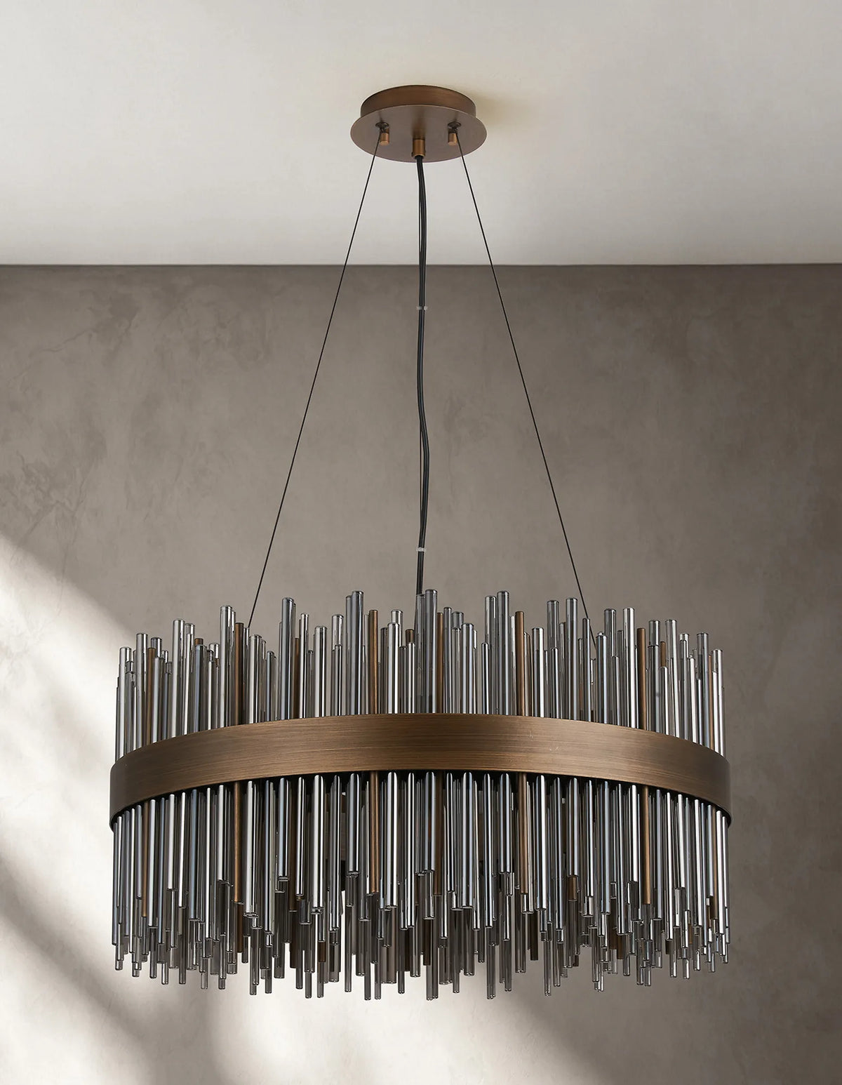 Fabula Kempton Glass Rod Round Pendant Light – Painted Matt Bronze & Smoke