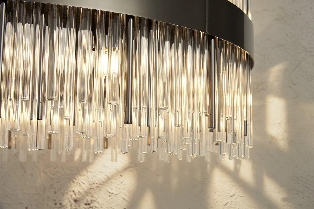 Fabula Kempton Glass Rod Round Pendant Light – Black Chrome & Clear