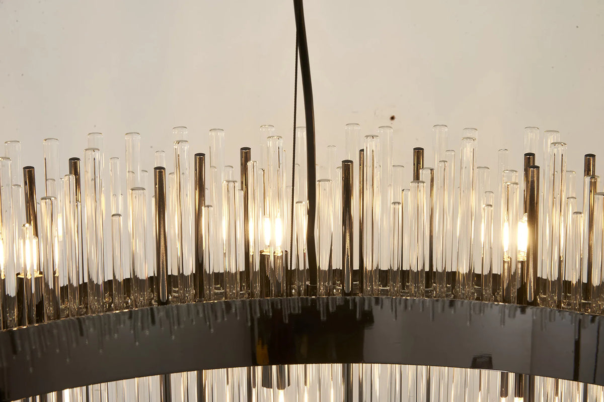 Fabula Kempton Glass Rod Round Pendant Light – Black Chrome & Clear