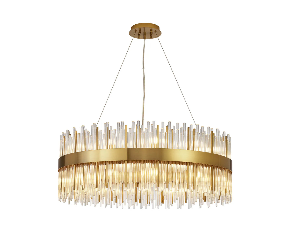 Fabula Kempton Glass Rod Round Pendant Light – Brass & Clear 80 cm
