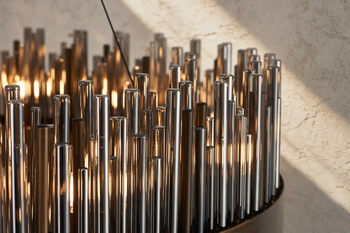 Fabula Kempton Glass Rod Round Pendant Light – Painted Matt Bronze & Smoke