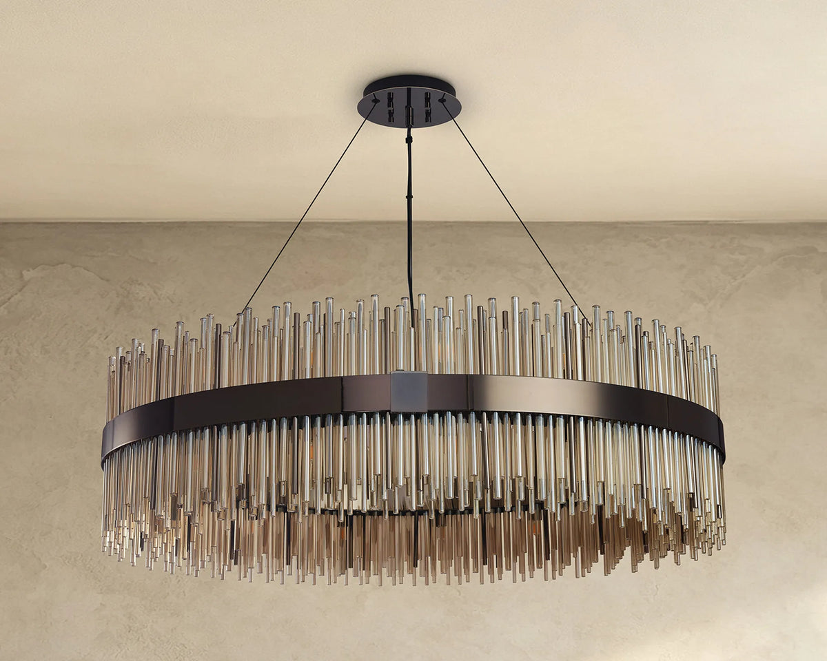 Fabula Kempton Glass Rod Round Pendant Light – Black Chrome & Cognac
