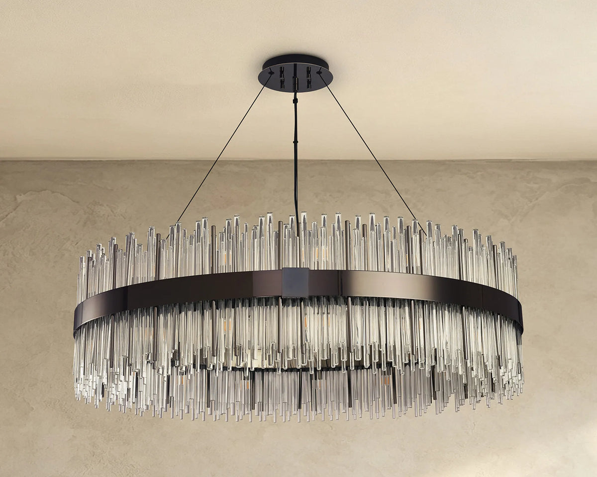 Fabula Kempton Glass Rod Round Pendant Light – Black Chrome & Clear