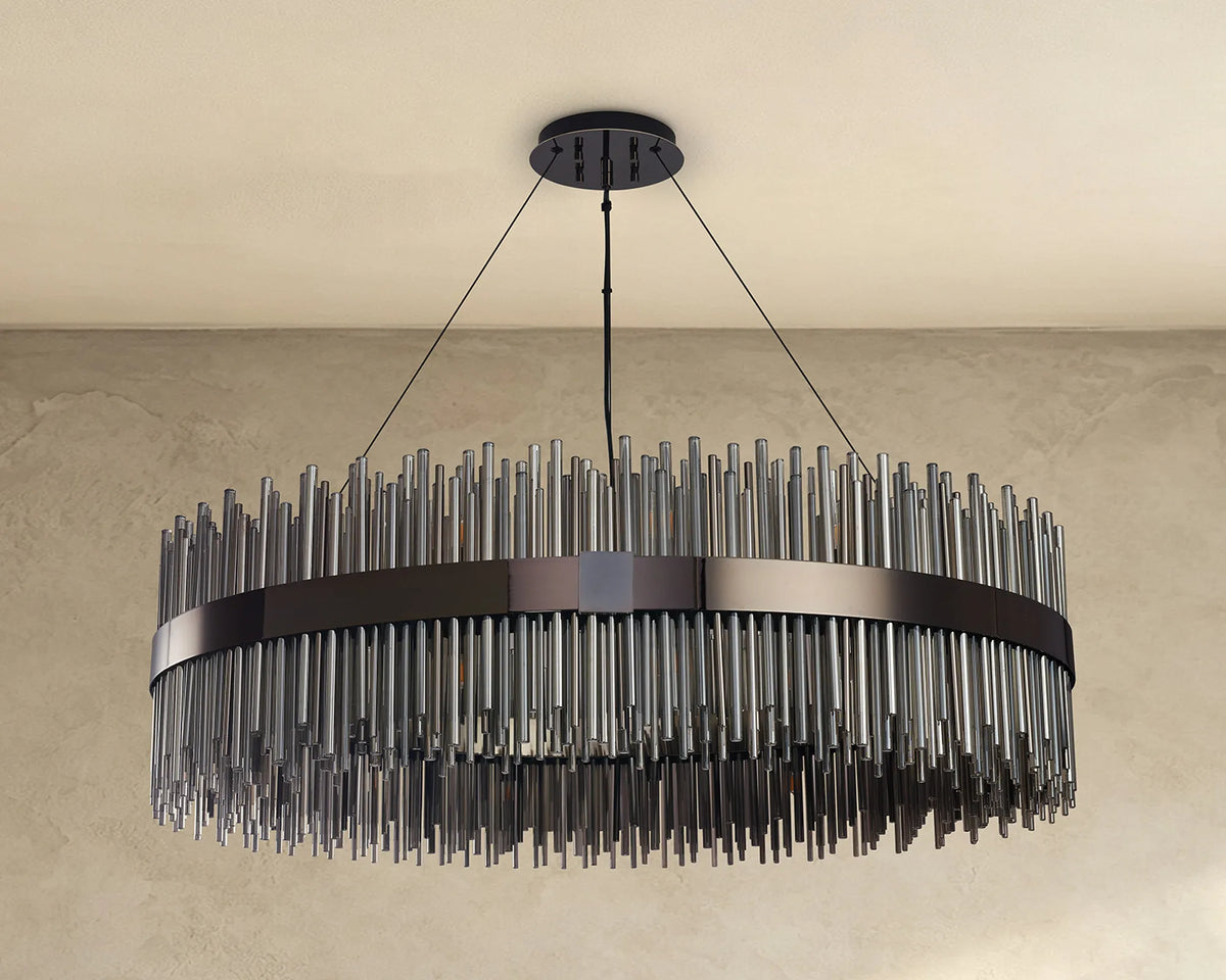 Fabula Kempton Glass Rod Round Pendant Light – Black Chrome & Smoke