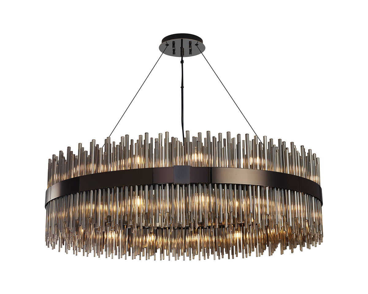 Fabula Kempton Glass Rod Round Pendant Light – Black Chrome & Smoke 100 cm