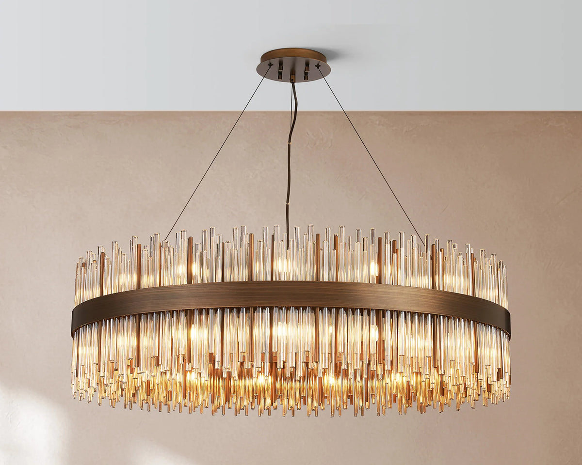 Fabula Kempton Glass Rod Round Pendant Light – Painted Matt Bronze & Cognac