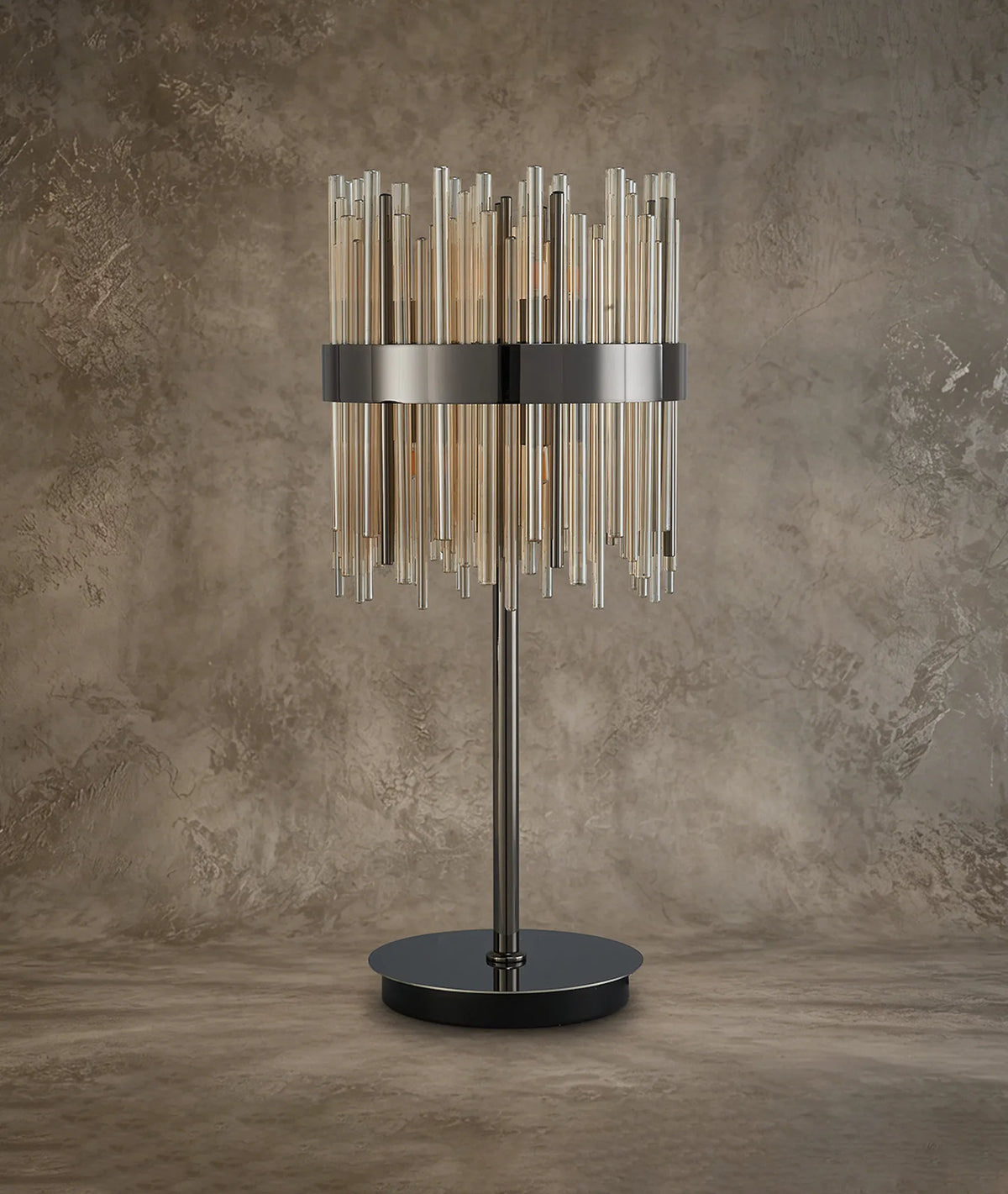 Fabula Kempton Glass Rod Table Lamp – 26 cm – Black Chrome & Cognac