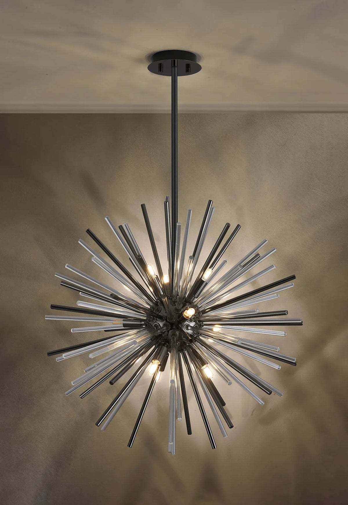 Fabula Kempton Sputnik Glass Rod Round Pendant Light – Black Chrome & Clear