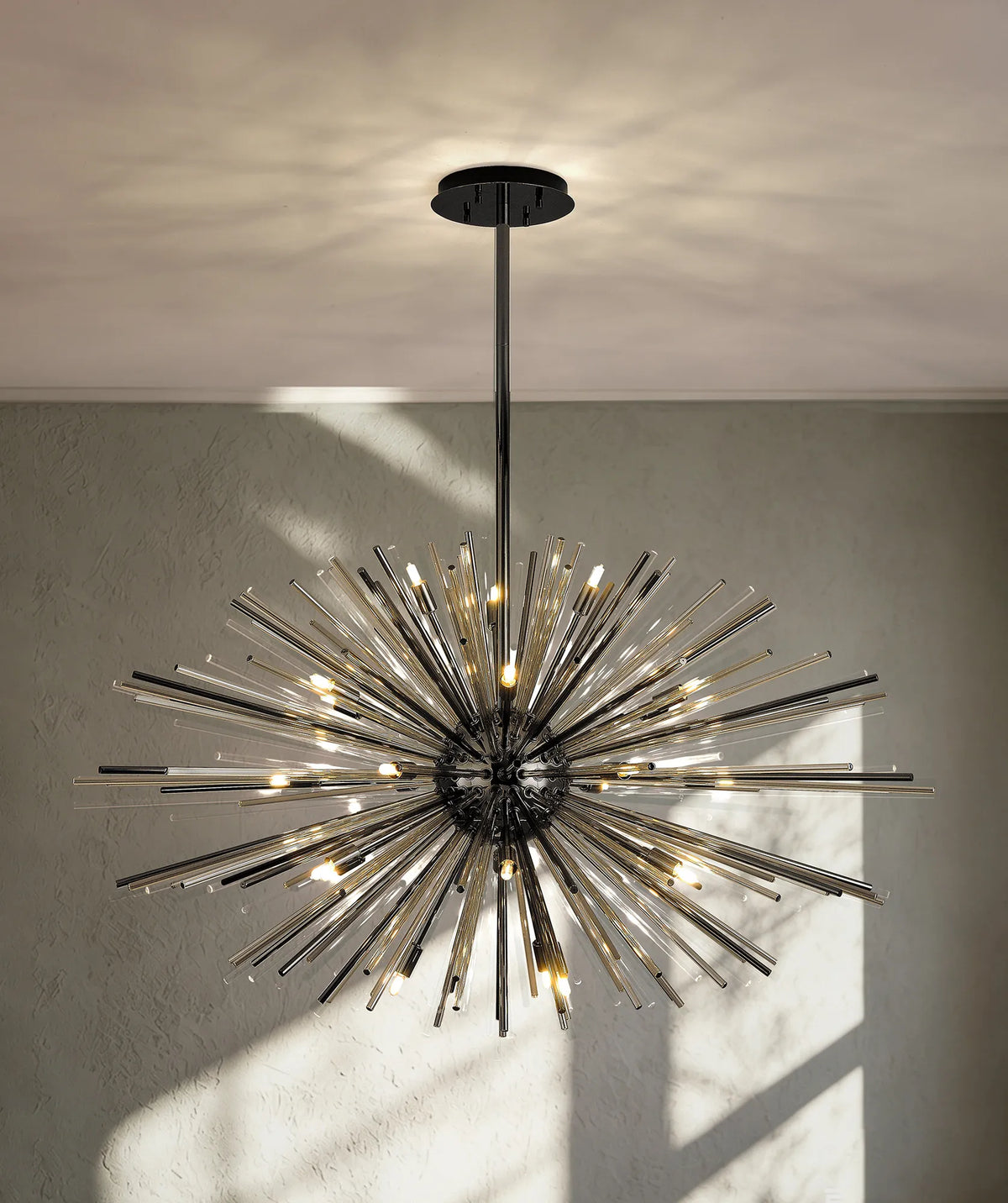 Fabula Kempton Sputnik Glass Rod Horizontal Oval Pendant Light – 112 cm – Black Chrome & Cognac