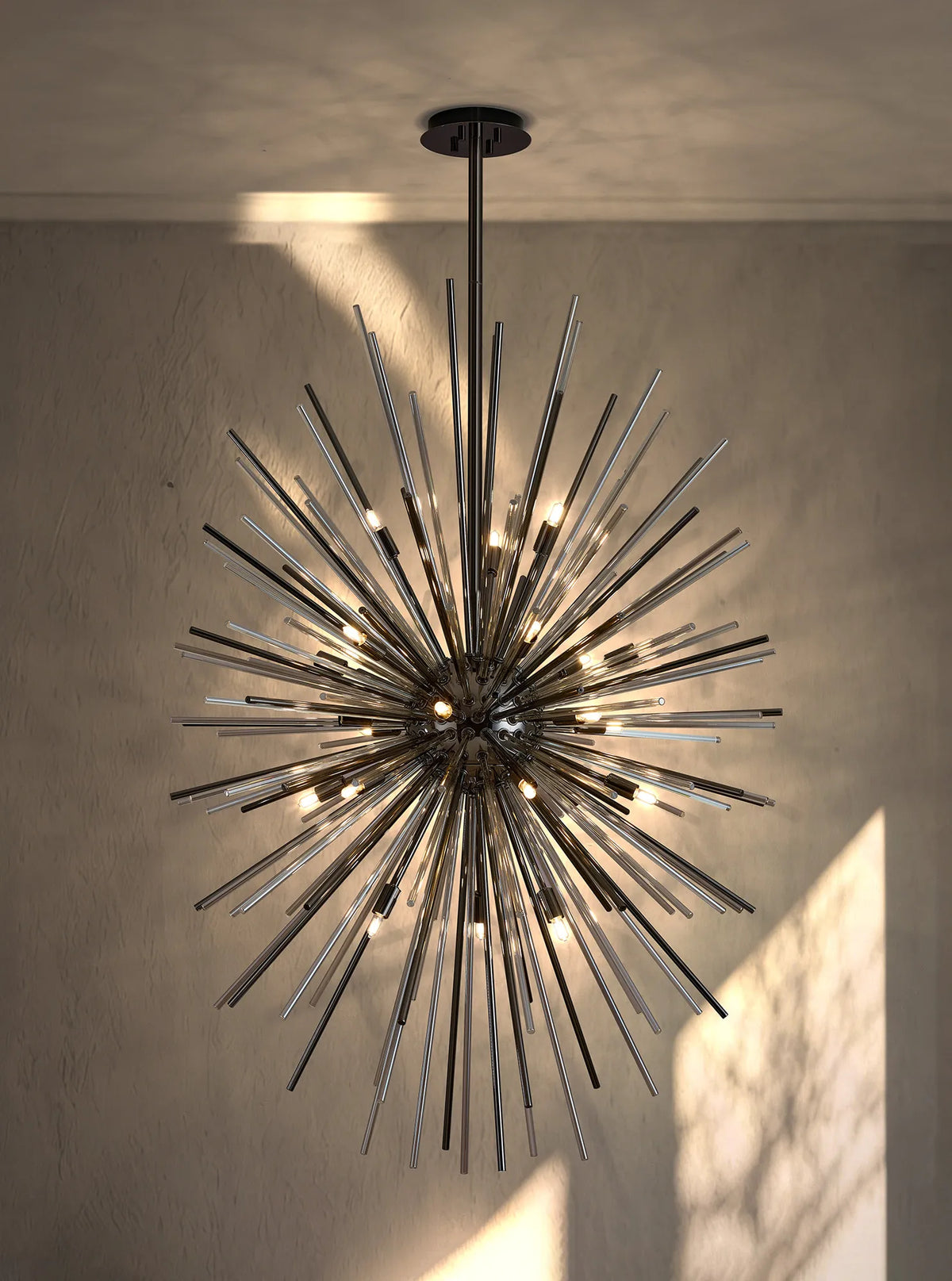 Fabula Kempton Sputnik Glass Rod Vertical Oval Pendant Light – 75 cm – Black Chrome & Cognac