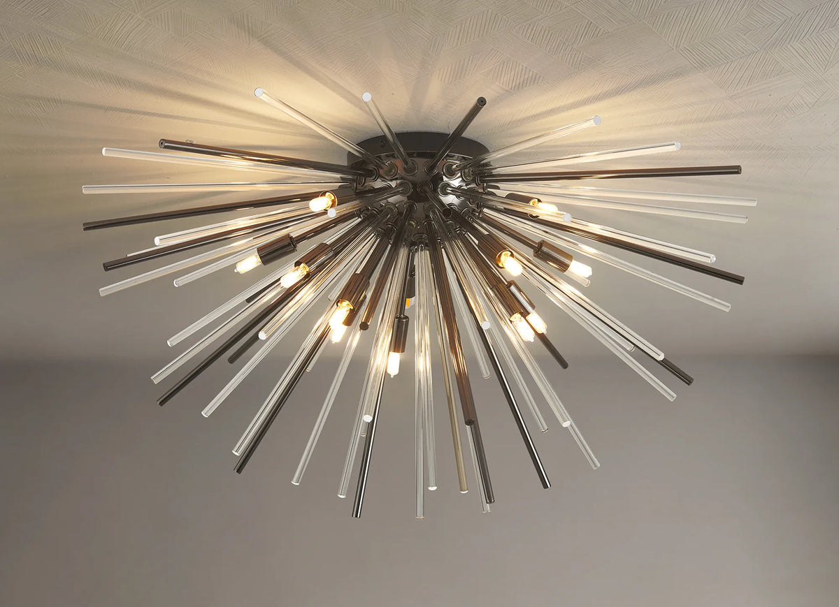Fabula Kempton Sputnik Glass Rod Glass Rod Flush Ceiling Light – 75 cm – Black Chrome & Clear