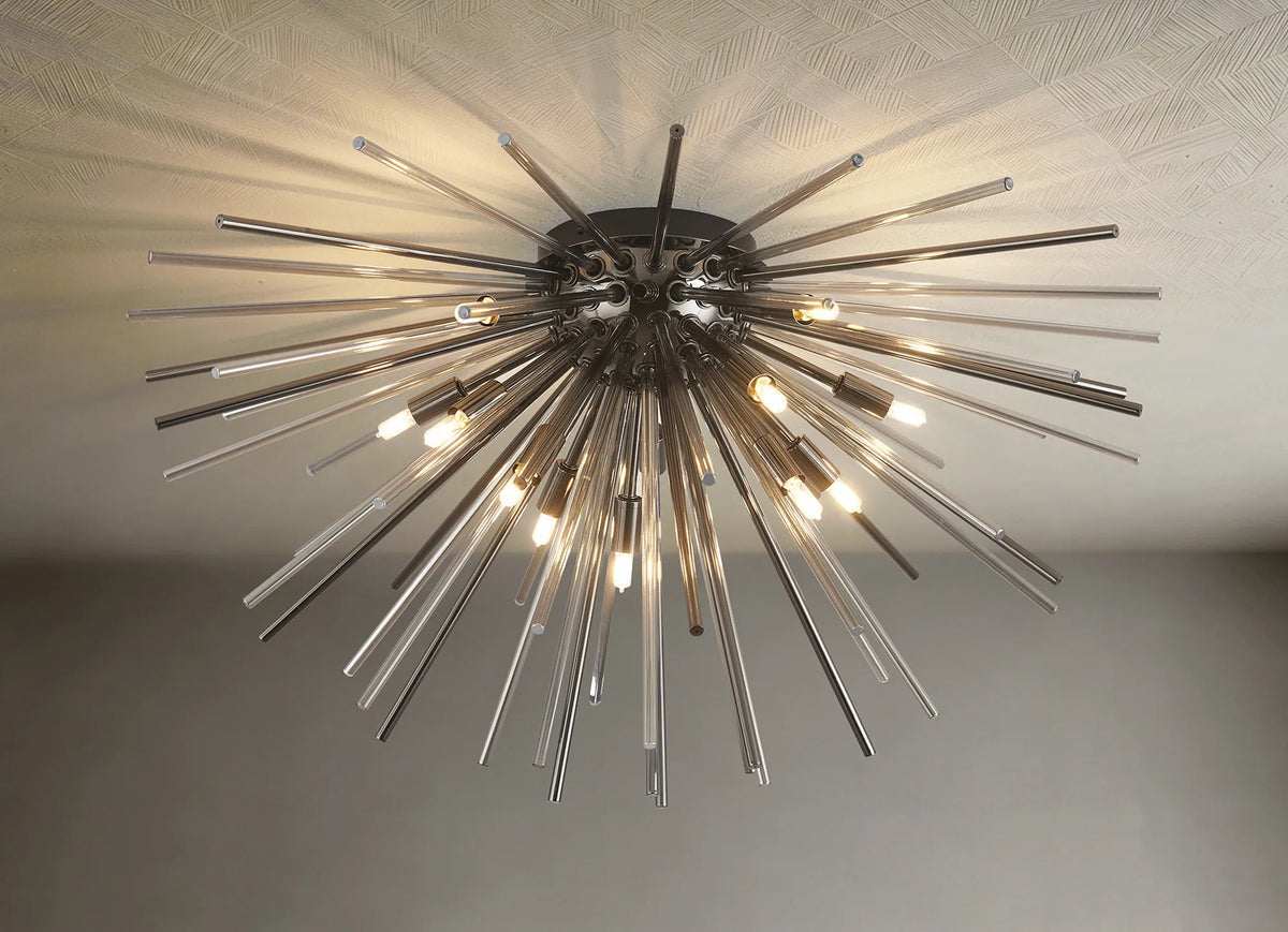 Fabula Kempton Sputnik Glass Rod Glass Rod Flush Ceiling Light – 75 cm – Black Chrome & Smoke