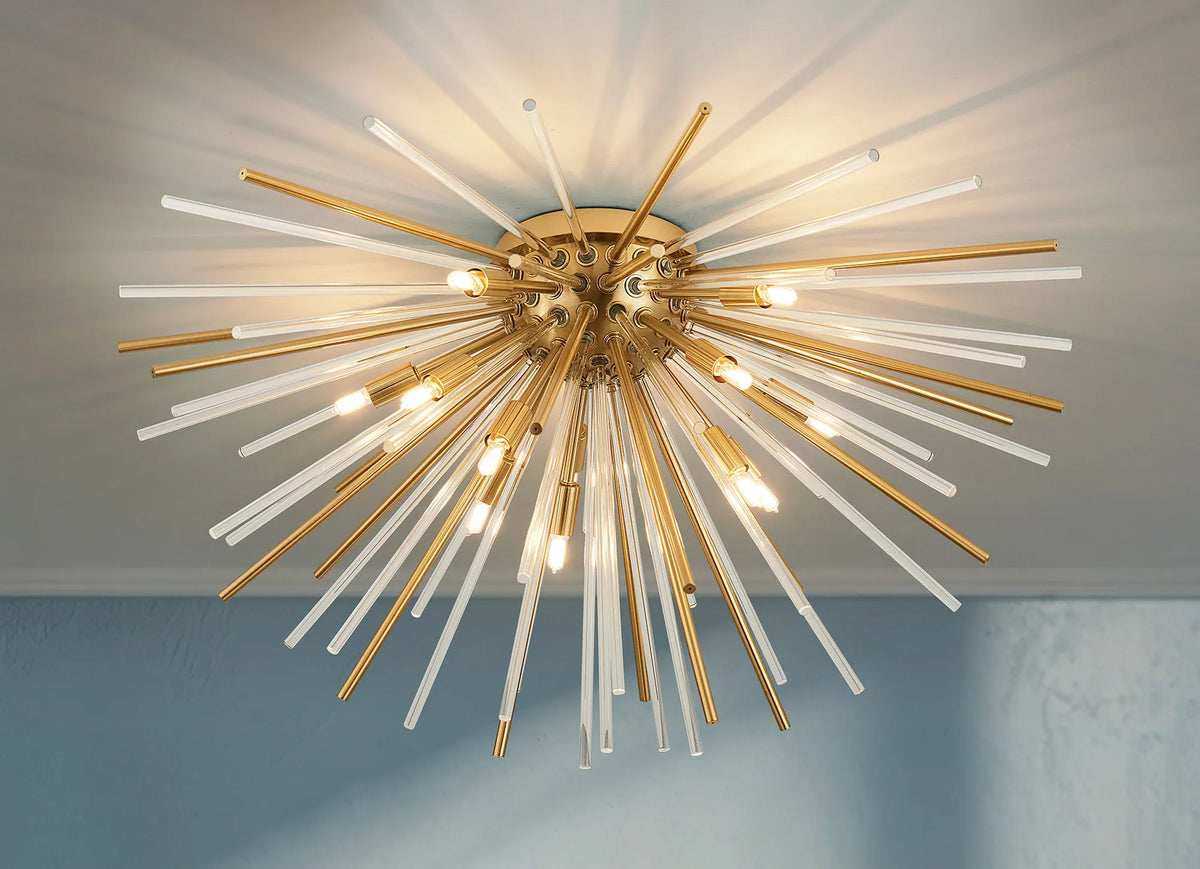 Fabula Kempton Sputnik Glass Rod Glass Rod Flush Ceiling Light – 75 cm – Brass & Clear