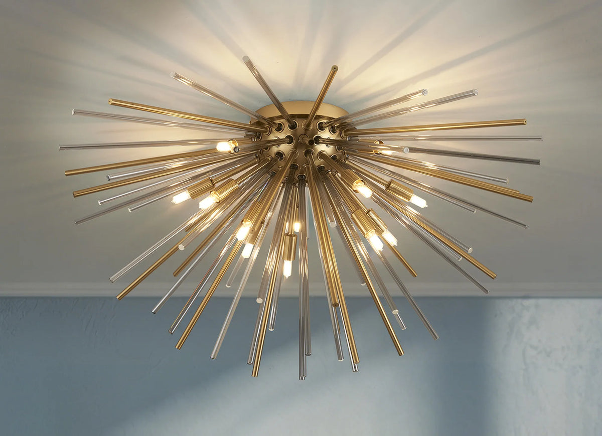 Fabula Kempton Sputnik Glass Rod Glass Rod Flush Ceiling Light – 75 cm – Brass & Smoke