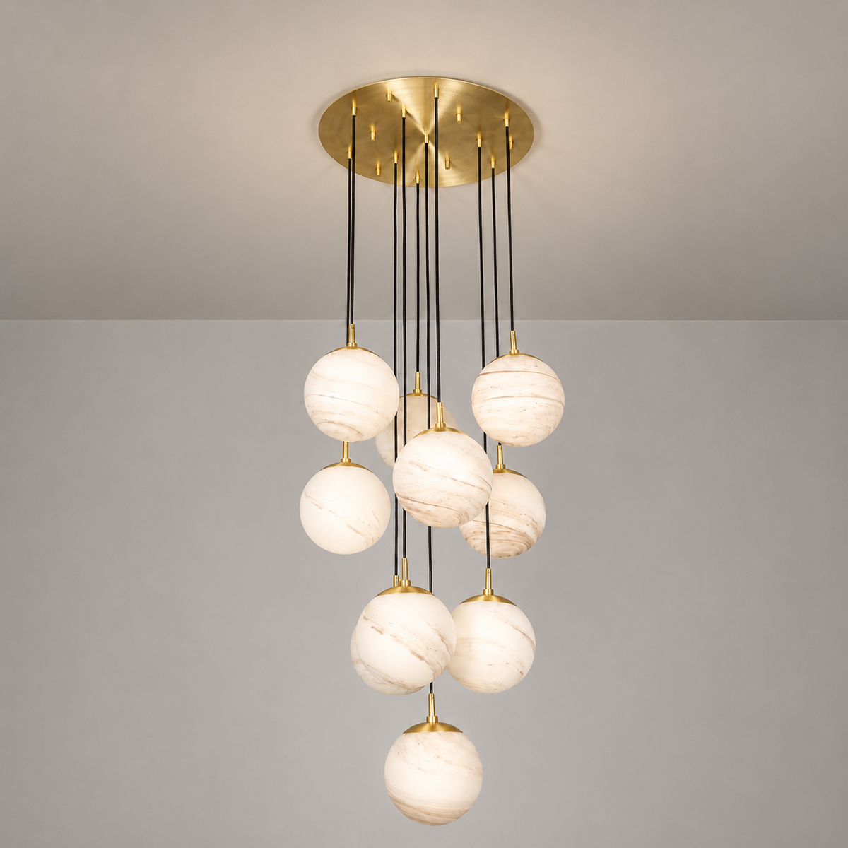 Schwung Globe Cluster 10 Light Chandelier - Marble Glass