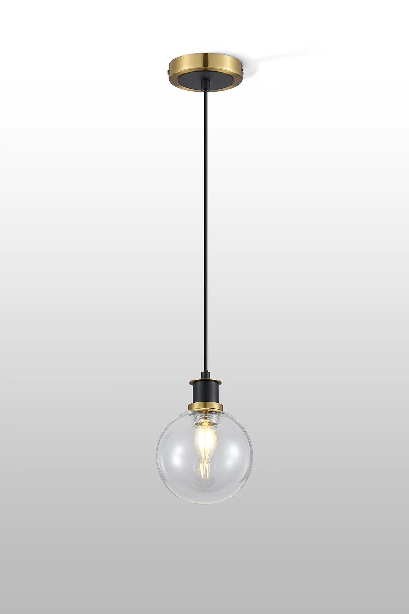 Sycamore Pendant with 15cm Round Glass Shade - Brass, Clear & Satin Black