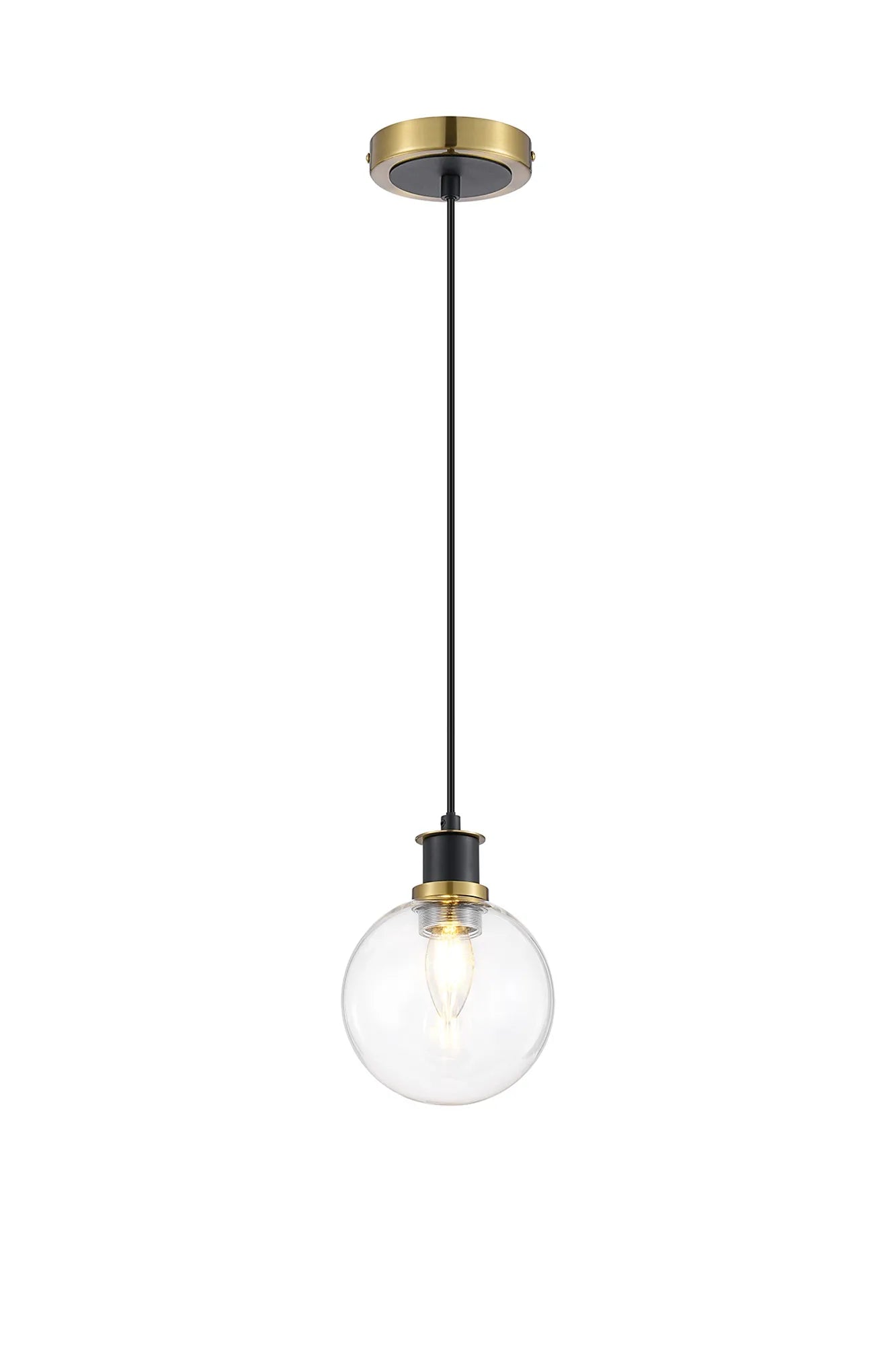 Sycamore Pendant with 15cm Round Glass Shade - Brass, Clear & Satin Black