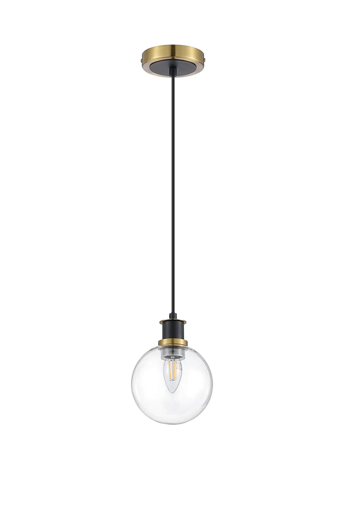 Sycamore Pendant with 15cm Round Glass Shade - Brass, Clear & Satin Black