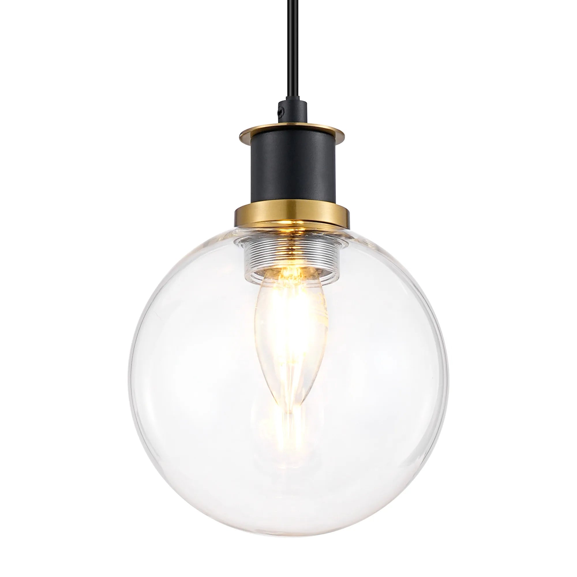 Sycamore Pendant with 15cm Round Glass Shade - Brass, Clear & Satin Black