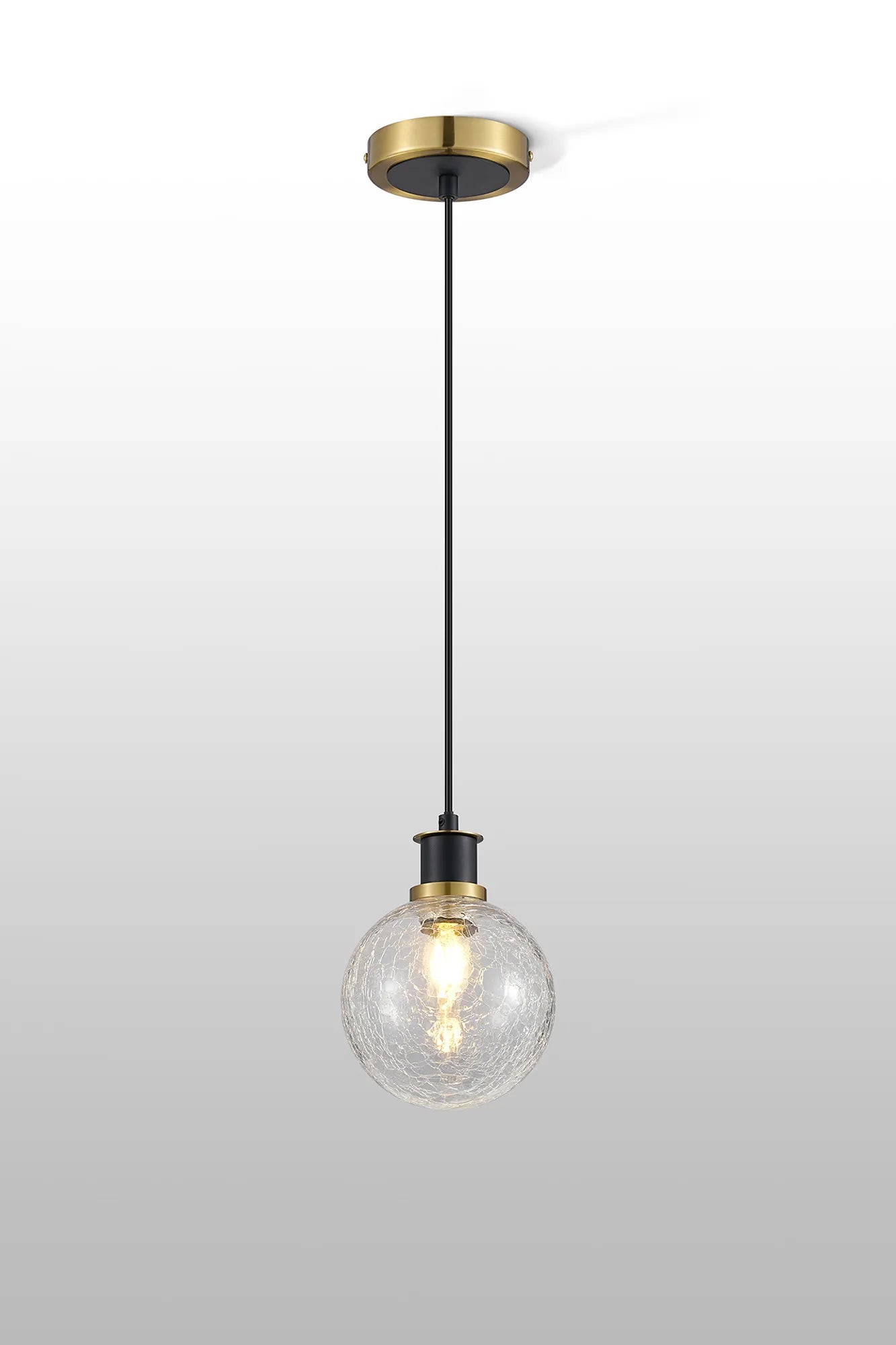 Sycamore Pendant with 15cm Round Crackled Glass Shade - Brass, Clear & Satin Black