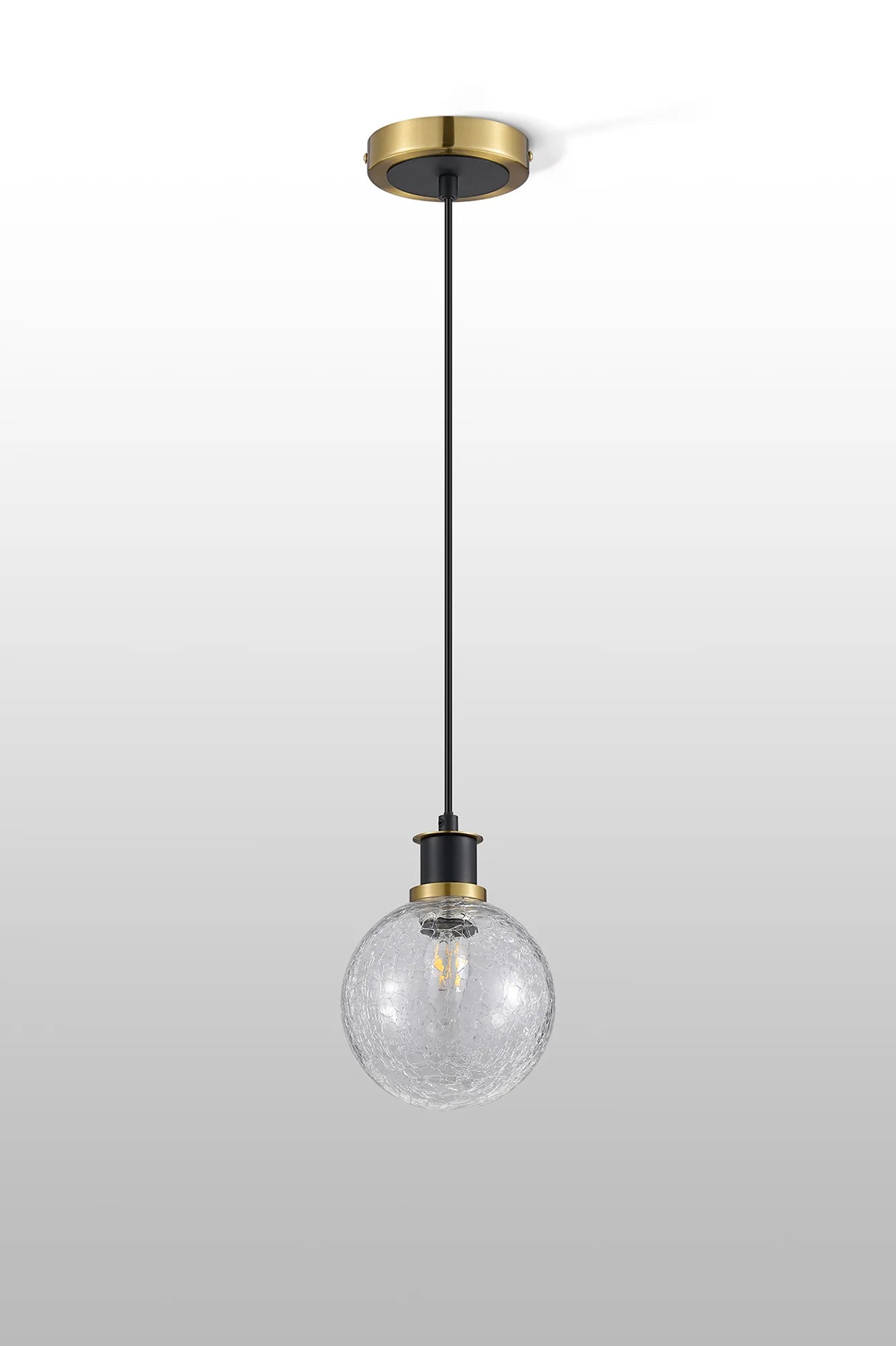 Sycamore Pendant with 15cm Round Crackled Glass Shade - Brass, Clear & Satin Black