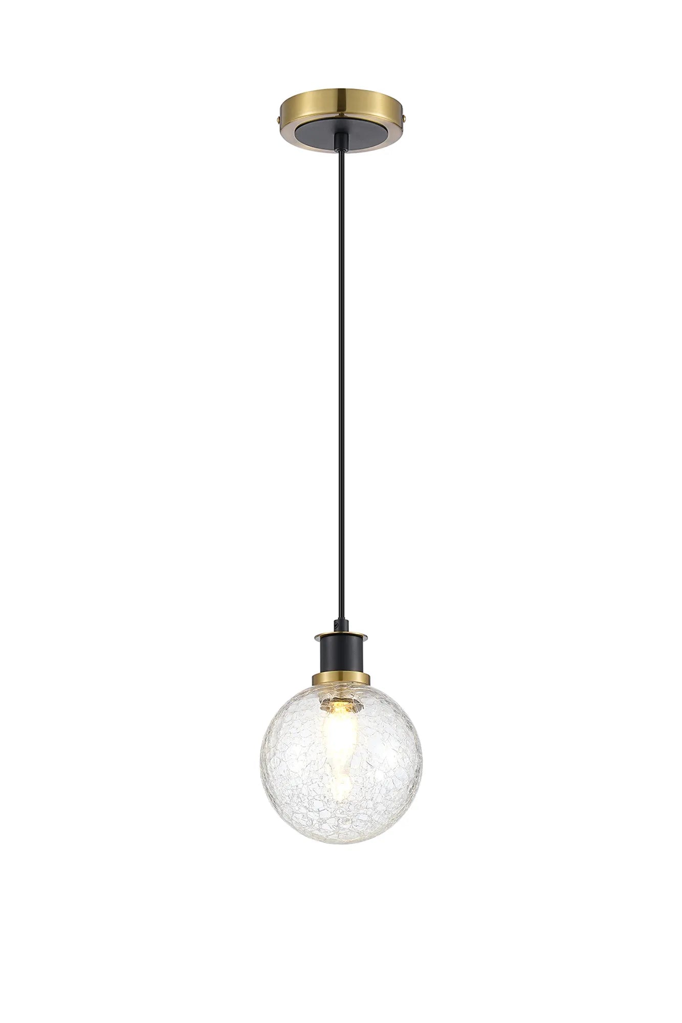 Sycamore Pendant with 15cm Round Crackled Glass Shade - Brass, Clear & Satin Black