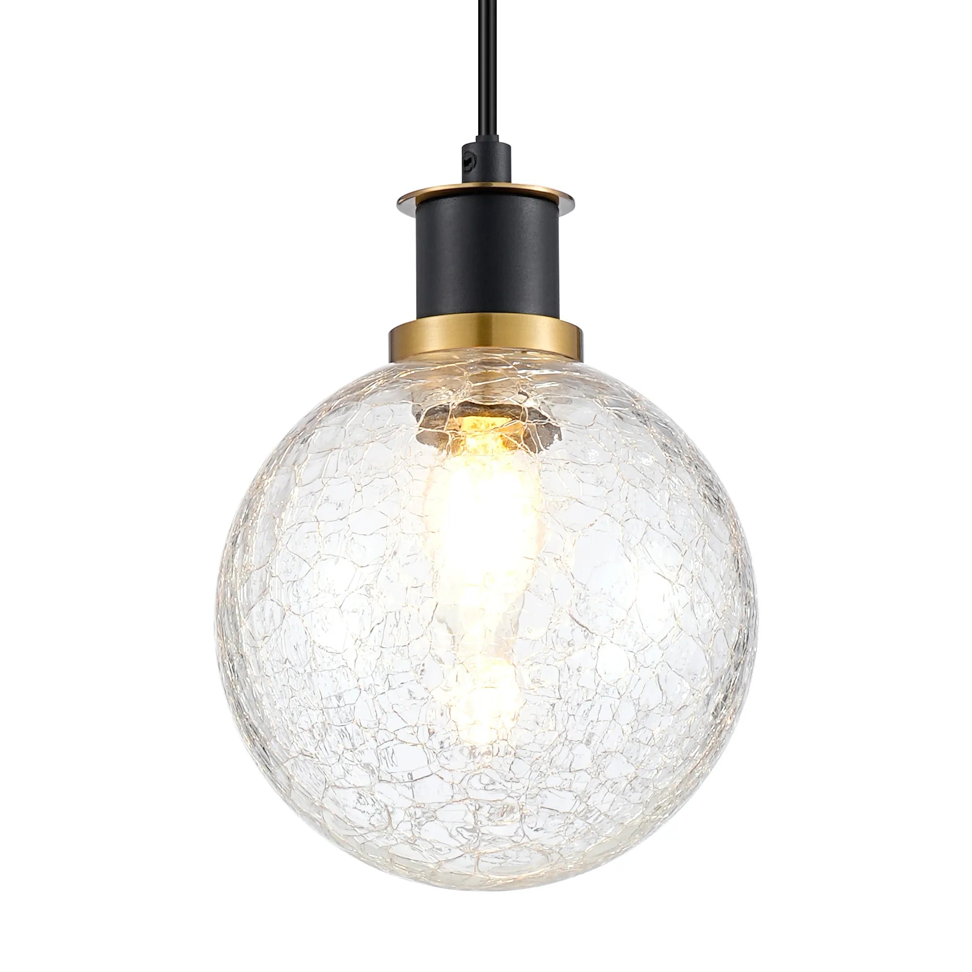 Sycamore Pendant with 15cm Round Crackled Glass Shade - Brass, Clear & Satin Black