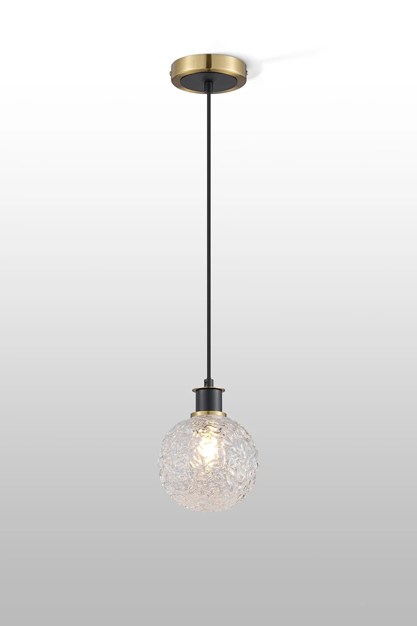 Sycamore Pendant with 15cm Round Textured Crumple Glass Shade - Brass, Clear & Satin Black