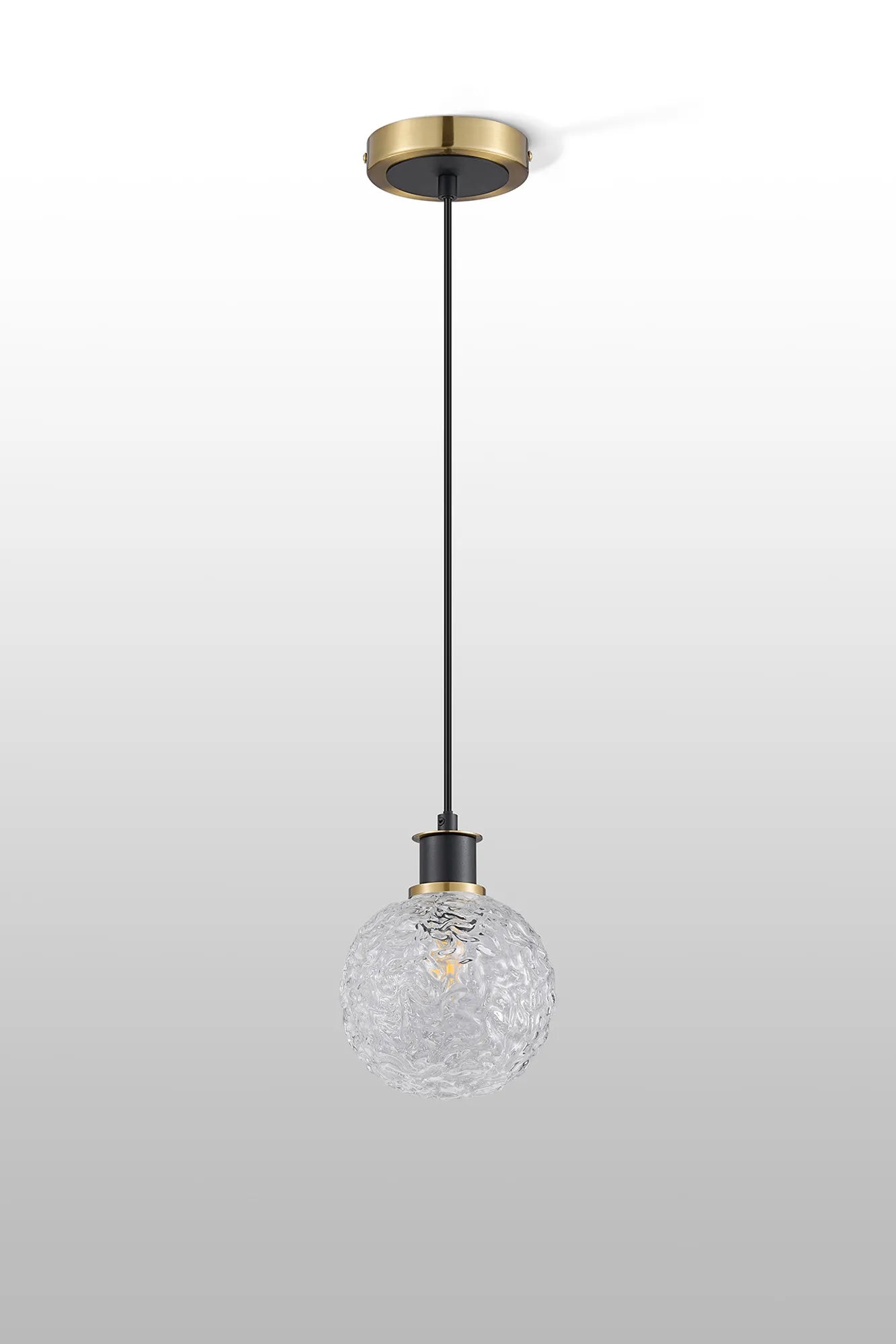 Sycamore Pendant with 15cm Round Textured Crumple Glass Shade - Brass, Clear & Satin Black